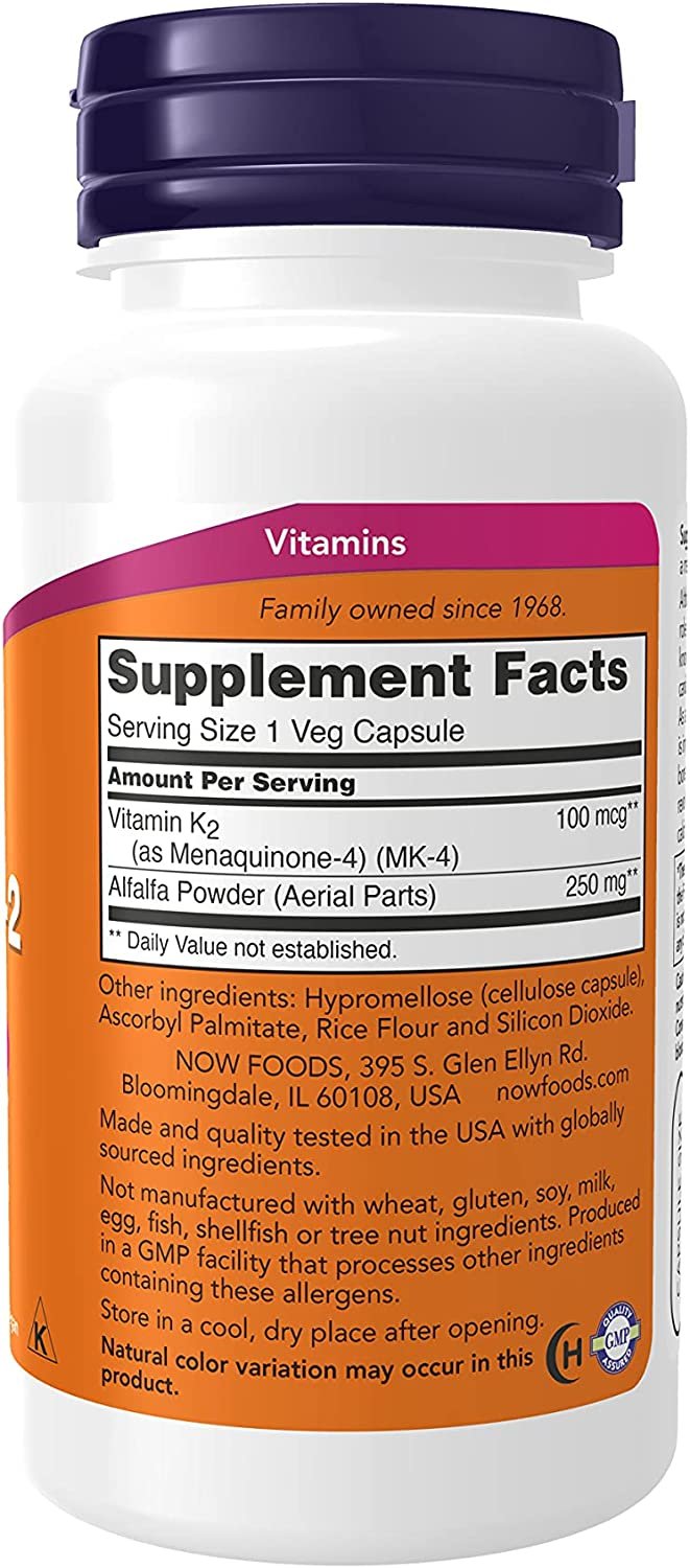 NOW Supplements, Vitamin K-2 100 mcg, Menaquinone-4 (MK-4), Supports Bone Health*, 100 Veg Capsules