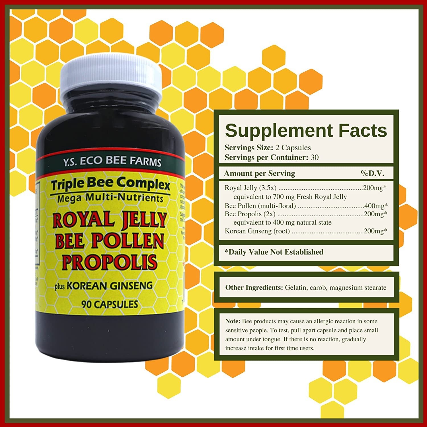 Y.S. Eco Bee Farms Triple Bee Complex Royal Jelly Bee Pollen Propolis Plus Korean Ginseng - Health and Wellness Organic Bee Pollen Supplement - 90 Ct with Worldwide Nutrition Multi Purpose Key Chain