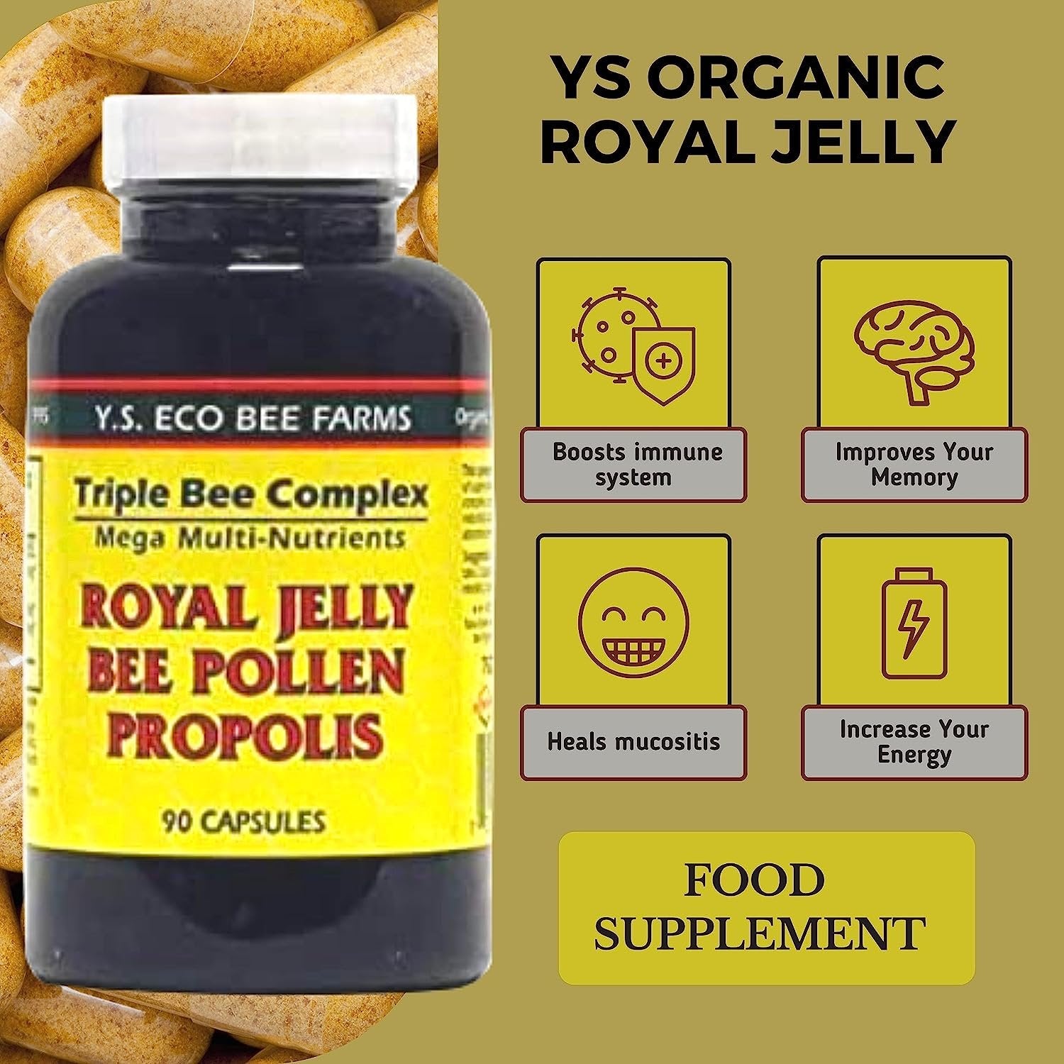 YS Organics Bee Farm Triple Bee Complex Mega Multi-Nutrients - Royal Jelly, Bee Pollen, Propolis - 90 Capsules - with Multi-Purpose Key Chain