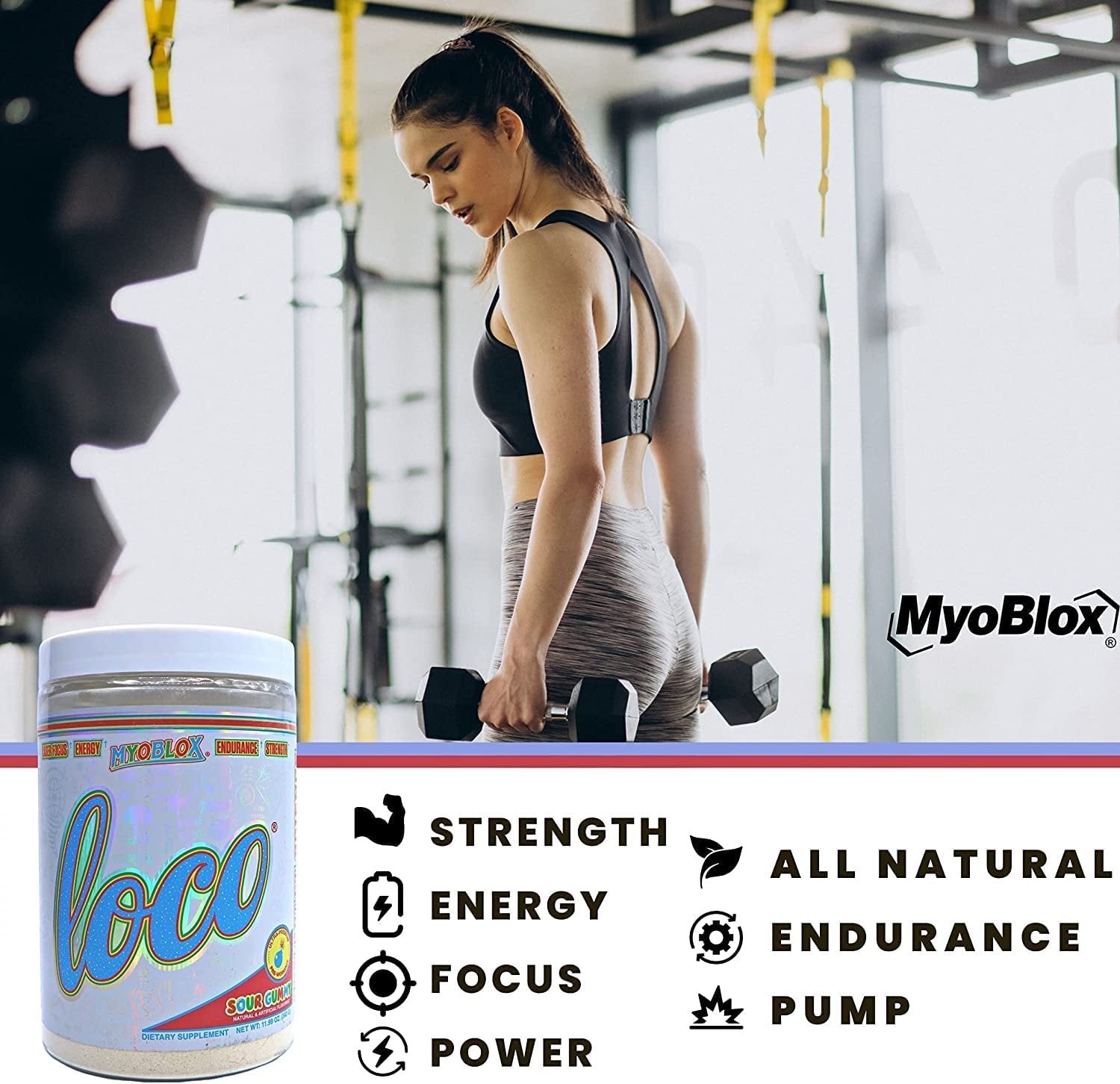 Worldwide Nutrition MyoBlox Loco Sour Gummy Pre Workout - Preworkout for Men & Women | Workout Energy Drink for Energy, Focus, & Intensity | 40 Servings of Sports Nutrition w Multi Purpose Key Chain