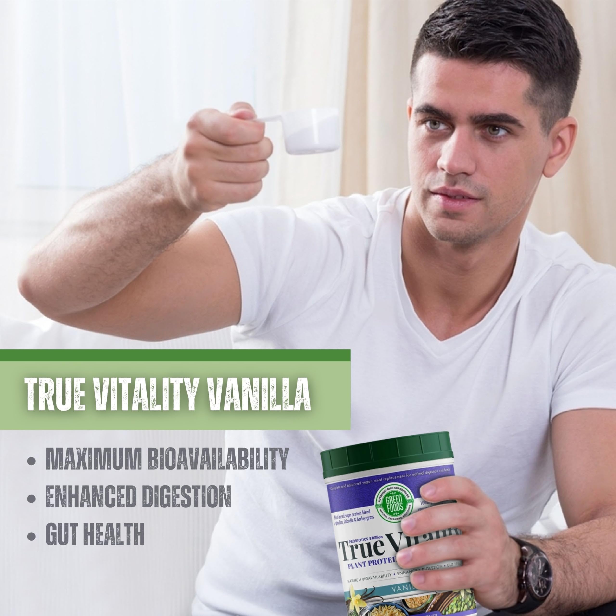 Green Foods True Vitality Plant Protein Shake with DHA, 25.2 oz - Vanilla Powder - Pack of 1 with Keychain