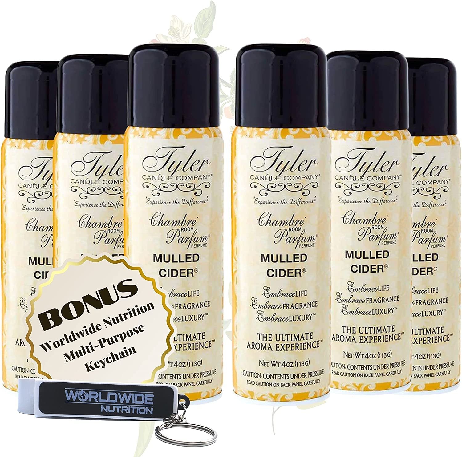 Tyler Candle Company Mulled Cider Signature Fragrance Chambre Parfum - Luxury Scent Air Freshener Spray - Ultimate Aromatic Experience - Home Essentials - 6 Pack of 4 Oz Container with Bonus Key Chain
