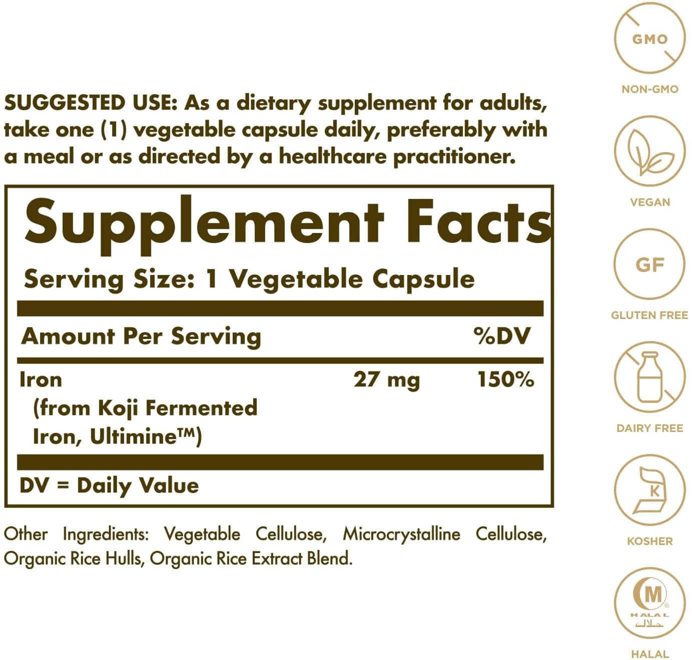 Solgar Earth Source Food Fermented Koji Iron 27mg, 60 Vegetable Capsules - Higher-Absorption, Slow-Release Iron - Gentle on The Stomach - Non-GMO, Vegan, Gluten Free, Dairy Free, Kosher - 60 Servings
