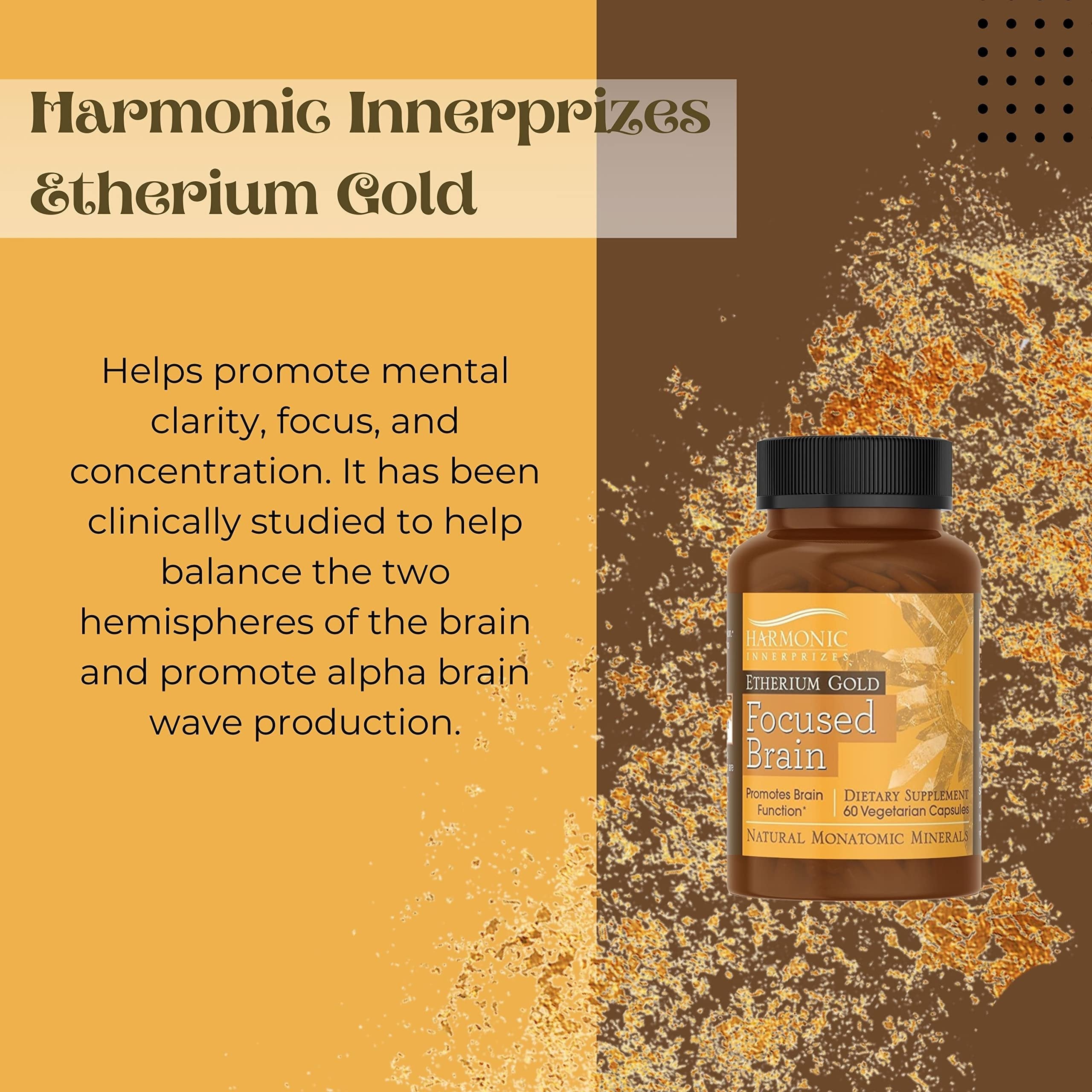 Harmonic Innerprizes Etherium Gold Focused Brain Dietary Supplement - 60 Count Veggie Capsules - Focus, Mood, Brain & Memory Support Supplement with Natural Monatomic Gold Capsules w Bonus Key Chain
