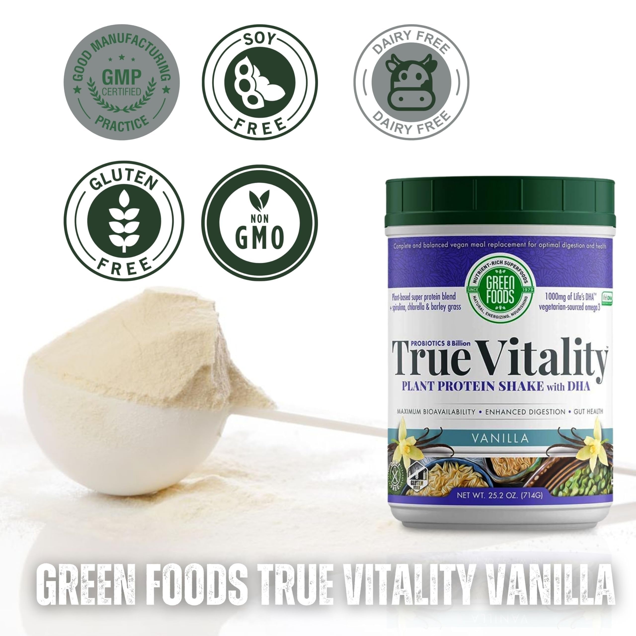 Green Foods True Vitality Plant Protein Shake with DHA, 25.2 oz - Vanilla Powder - Pack of 1 with Keychain