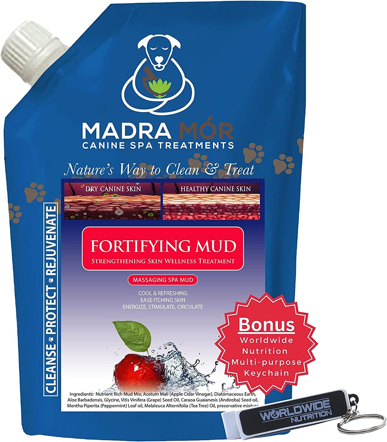 Madra Mor Dog Essentials Fortifying Spa Mud | Dog Wash | Dog Grooming | Dry Skin for Dogs Treatment | Dog Bath | Dog Coat Skin Care Products | 10oz Pouch w Worldwide Nutrition Multi Purpose Key Chain
