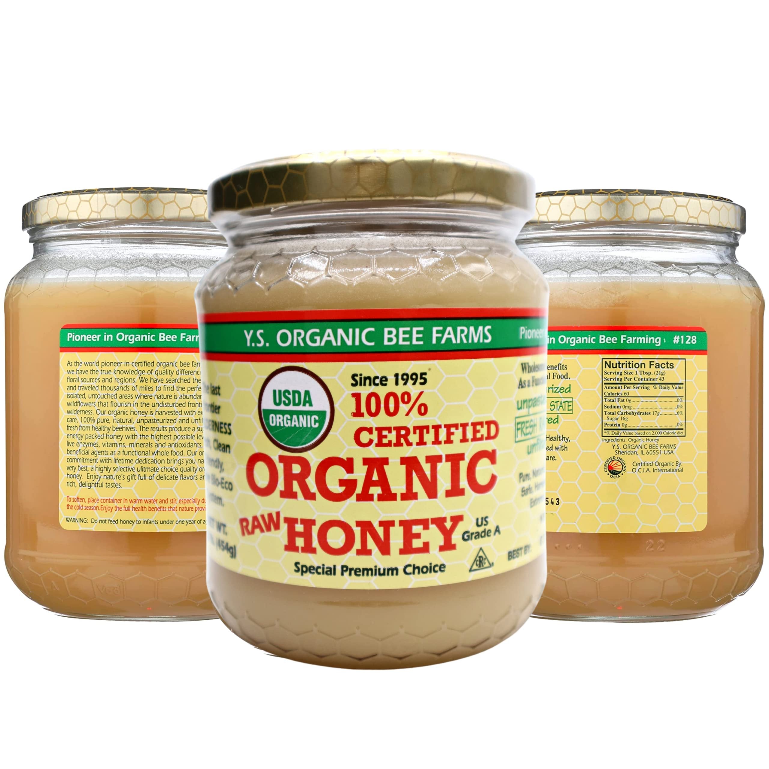 Y.S. Organic Bee Farms 100% Certified Y.S. Organic Raw Honey - Unpasteurized, Unfiltered, Pure Natural Honey - Gluten Free Organic Food and Natural Sweetener - 1 Lb Honey Jar with Bonus Key Chain