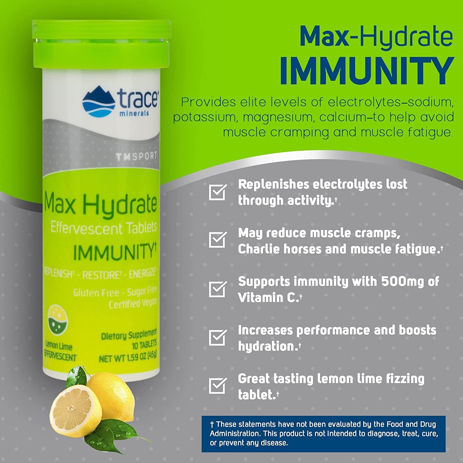 Trace Minerals | MAX Hydrate Immunity | High Performance Electrolyte Fizzing, Immune Support | Magnesium, Sodium, Potassium, Vitamin C Non GMO | Lemon Lime | 8 Tubes of 10 Tablets