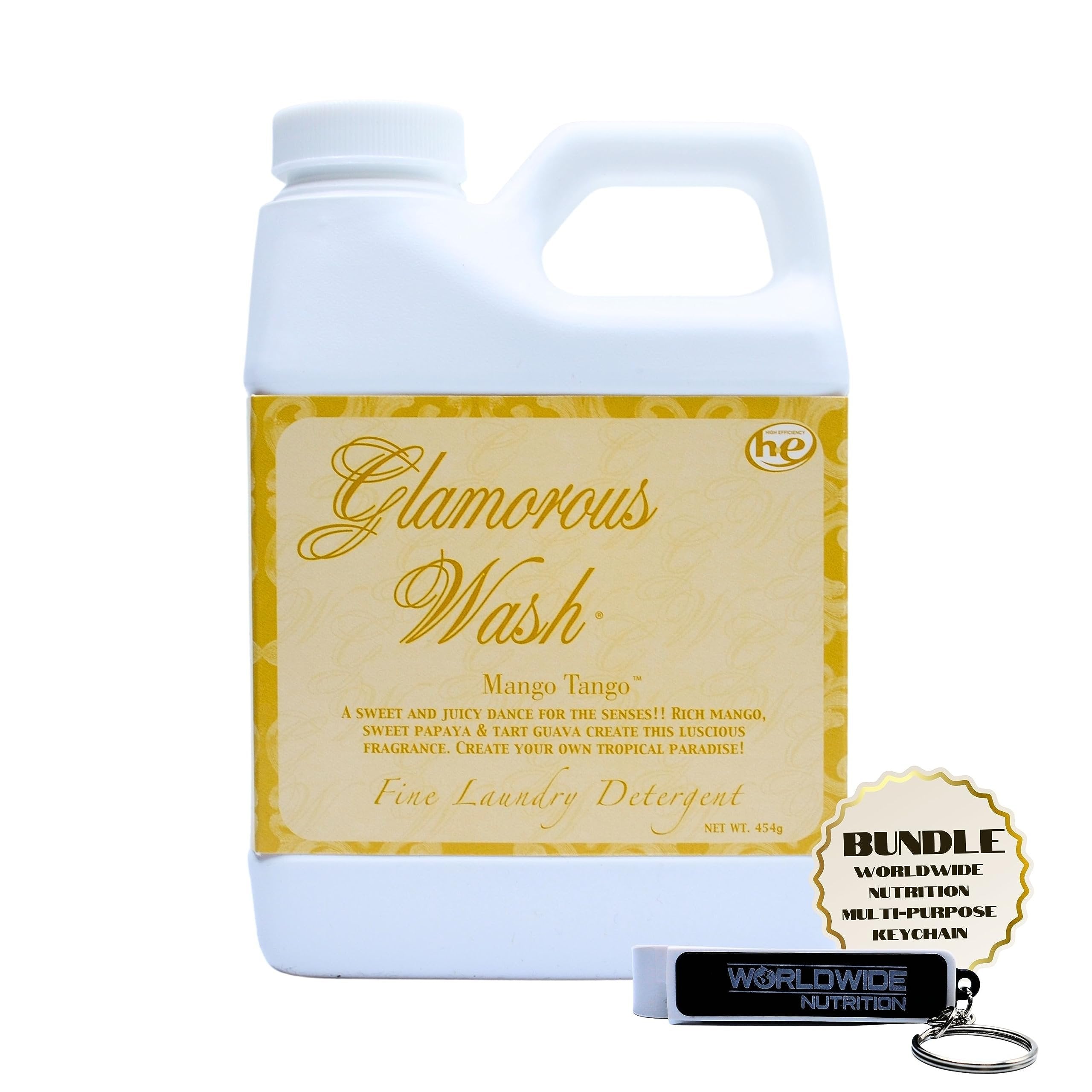 Tyler Candle Company Glamorous Wash Mango Tango Scent Fine Laundry Detergent - Luxury Liquid Laundry Detergent - Hand and Machine Washable - 16 oz, 454 gram with Bonus Multi Purpose Key Chain