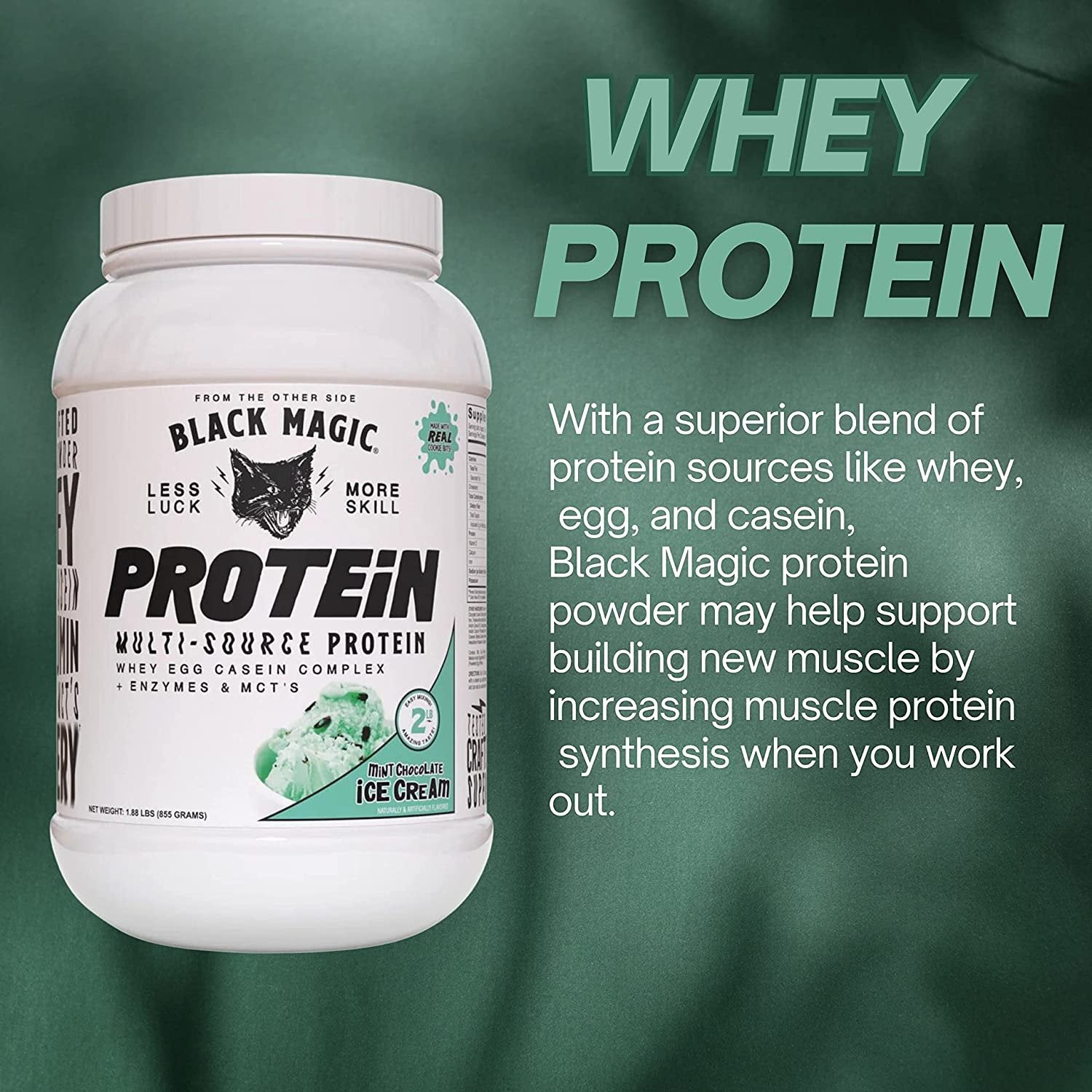 Mint Chocolate Black Magic Multi-Source Protein - Whey, Egg, and Casein Complex with Enzymes & MCT Powder - Pre Workout and Post Workout - 24g Protein - 2 LB with Bonus Key Chain