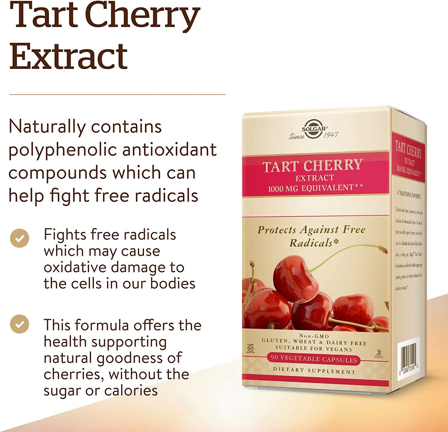 Solgar Tart Cherry 1000 mg, 90 Vegetable Capsules - Antioxidant with Quercetin, Chlorogenic Acid & Anthocyanins Compounds - Non GMO, Vegan, Gluten Free, Dairy Free - 90 Servings