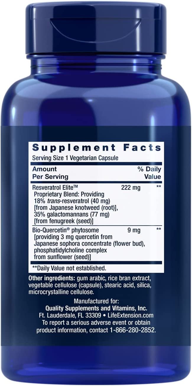 Life Extension Optimized Resveratrol Elite - Highly Bioavailable Trans Resveratrol Supplement Pills - From Grape & Japanese Knotweed - For Brain Health - Gluten-Free, Non-GMO - 60 Vegetarian Capsules