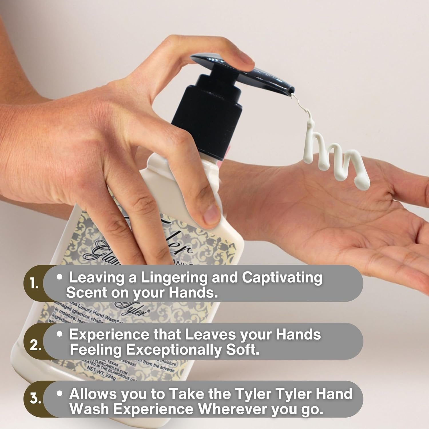 Tyler Candle Company Glamorous Hands - Tyler Luxury Hand Wash - Cleanse, Moisturize, Protect Damage and Aging Skin - 1 Pack of 8 oz (224g) - with Multi-Purpose Keychain