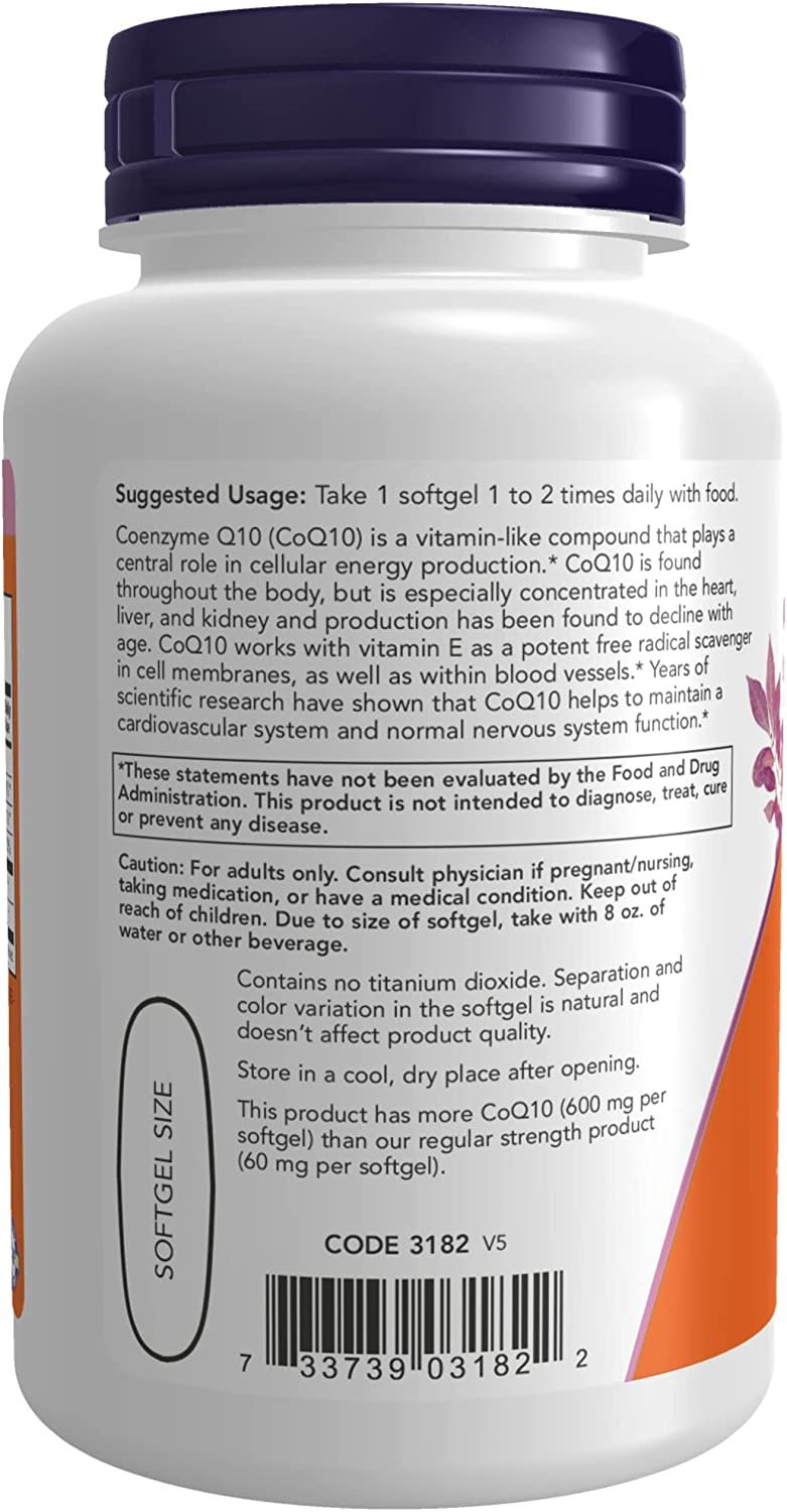 NOW Supplements, CoQ10 600 mg, Maximum Strength with Vitamin E & Lecithin, 60 Softgels