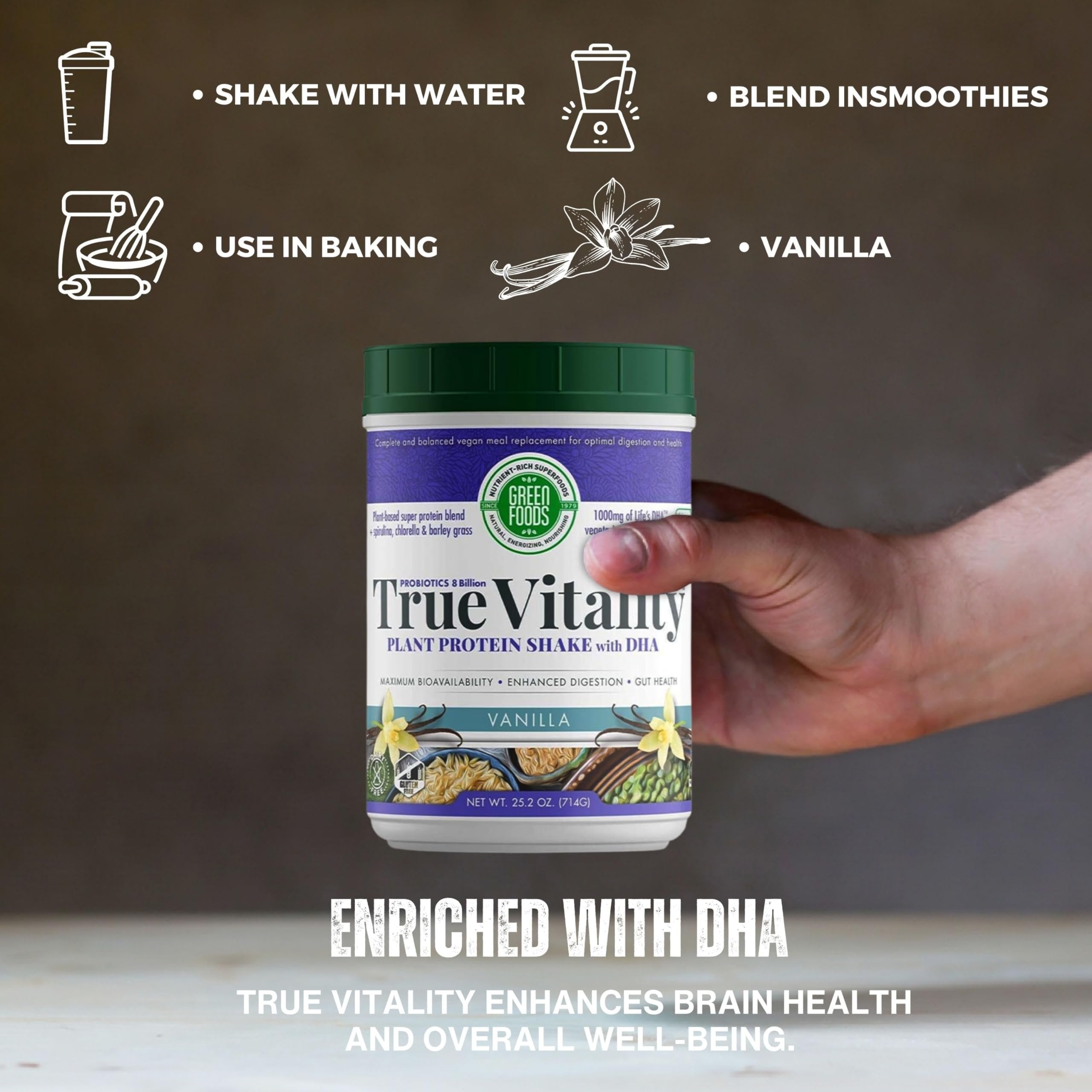 Green Foods True Vitality Plant Protein Shake with DHA, 25.2 oz - Vanilla Powder - Pack of 1 with Keychain