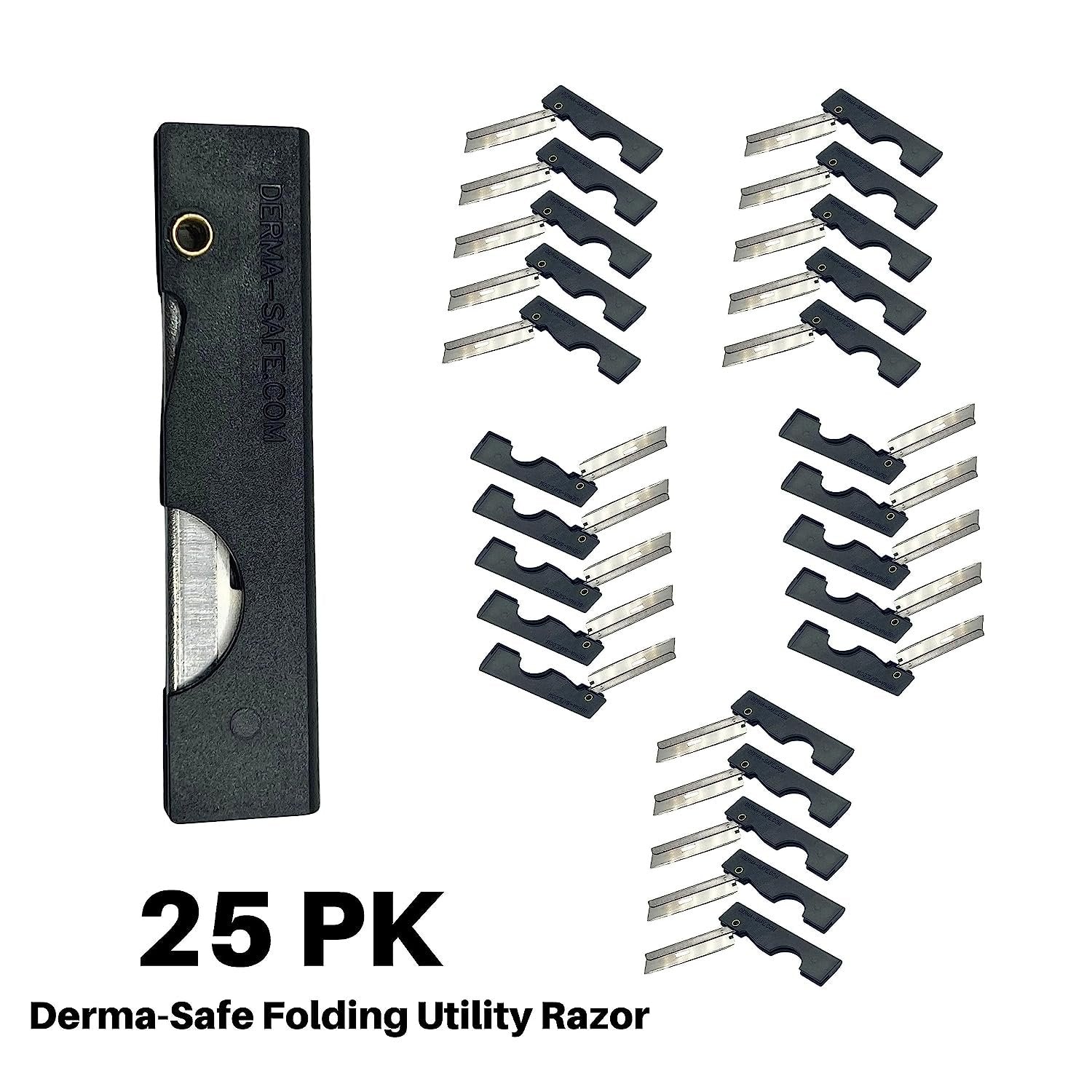 Derma-Safe Folding Utility Razor for Survival Utility and First Aid Kits - Mini Pocket Foldable Razor Blade, Folding Scalpel, (Black) 25-Pack