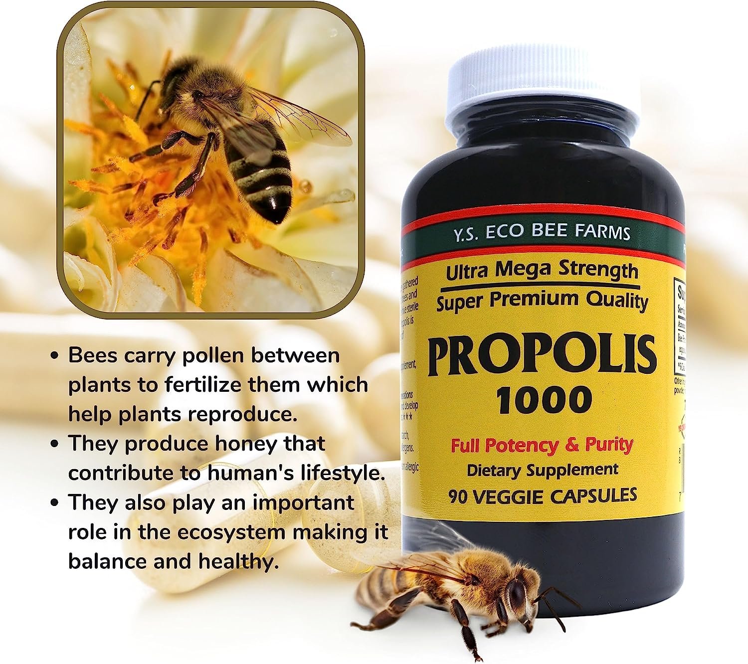 YS Organics Bee Farm Ultra Mega Strength - Propolis 1000 - Full Potency and Purity - 90 Capsules - with Multi-Purpose Key Chain