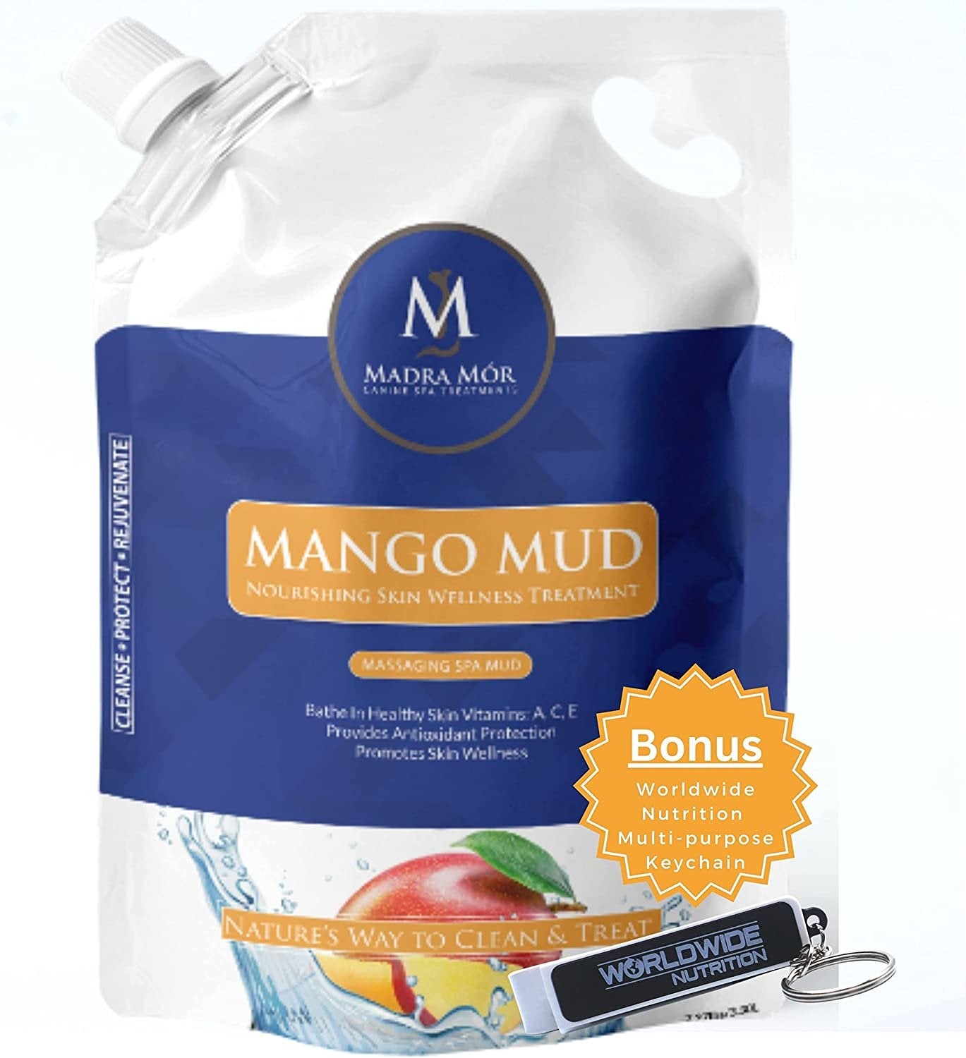 Madra Mor Mango Mud Dog Wash Spa Mud Dog Essentials | Dog Bath for Dog Grooming | Dry Skin for Dogs Treatment | Dog Coat Skin Care Products | 7.27lb Pouch w Worldwide Nutrition Multi Purpose Key Chain