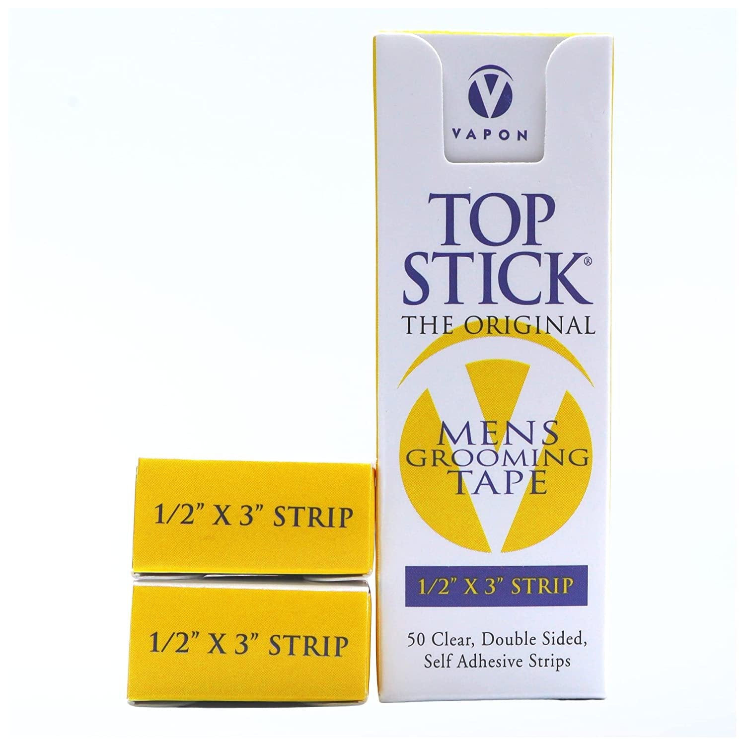 Vapon Topstick - The Original Men's Grooming Tape - 150 Count 3 Boxes 1/2" x 3" Double Sided, Self Adhesive, Clear Tape for Toupee and Wig Adhesion - Hypo Allergenic, Waterproof, and Latex Free