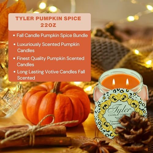 Tyler Pumpkin Spice Scent Jar Candle - Fall Scented Candle with Essential Oils - Long Burning Candles 110-120 hours - Large Candle 22 oz & Multi-Purpose Key Chain
