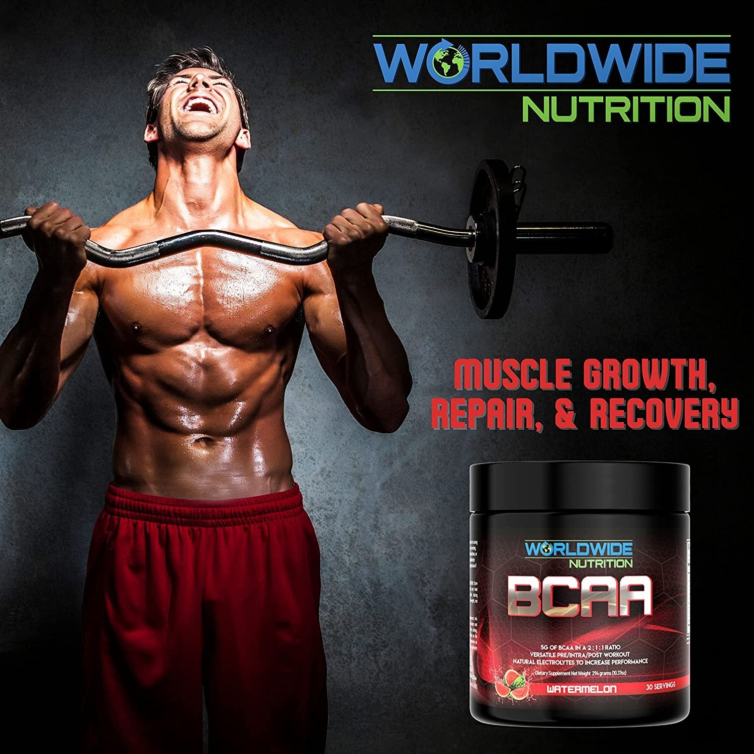 Worldwide Nutrition BCAA Powder - Branched Chain Amino Acids -2:1:1 Ratio Pre Intra Post Workout Supplement for Men and Women - Natural Electrolytes Powder for BCAA Energy - Watermelon - 30 Servings