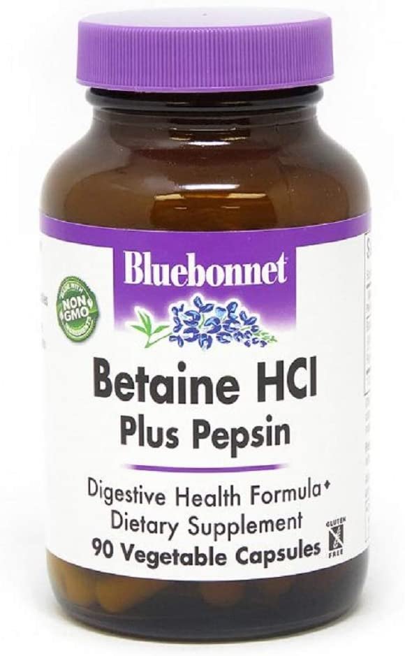 BlueBonnet Betaine HCI Plus Pepsin Vegetarian Capsules, 90 Count