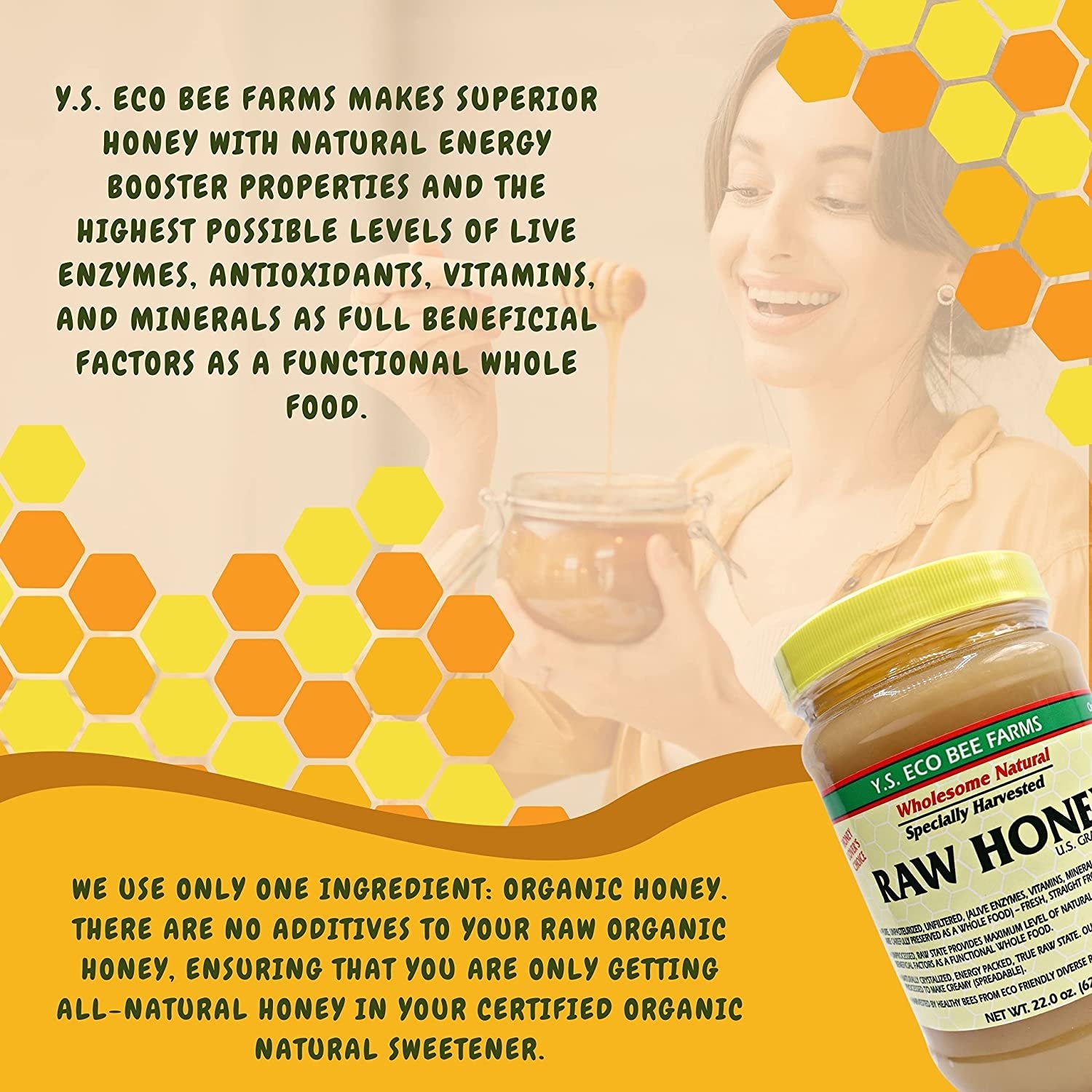 Y.S. Eco Bee Farms, Y.S. Organic Bee Farms, Natural Raw Honey, Unpasteurized, Unfiltered, Fresh Raw State, Kosher, Pure, Natural, Healthy, Safe, Gluten Free, Specially Harvested, 22oz, 1 Count