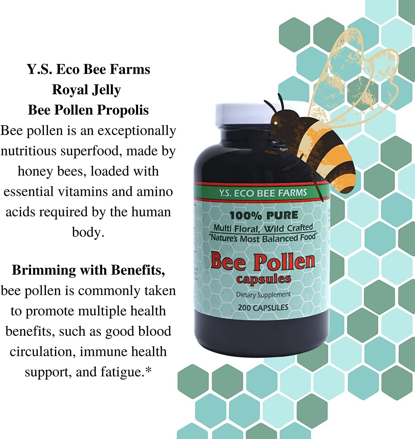 Y.S. Eco Bee Farms 100% Pure Multi Floral, Wild Crafted Bee Pollen Capsules - 200 Count - Organic Bee Pollen Vitamin Supplements for Optimal Health and Wellness