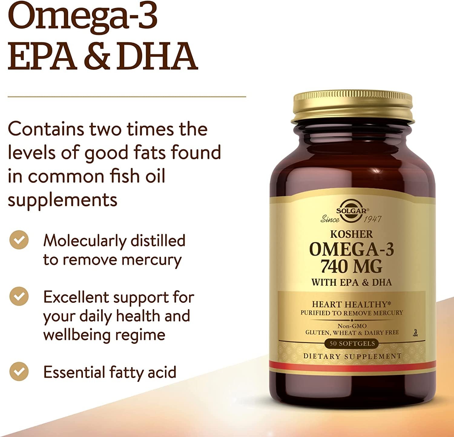 Solgar Kosher Omega-3 675 mg, 50 Softgels - Cardiovascular, Joint & Cellular Health - Omega-3 Fatty Acids EPA & DHA - Non-GMO, Gluten Free, Dairy Free, Kosher - 50 Servings