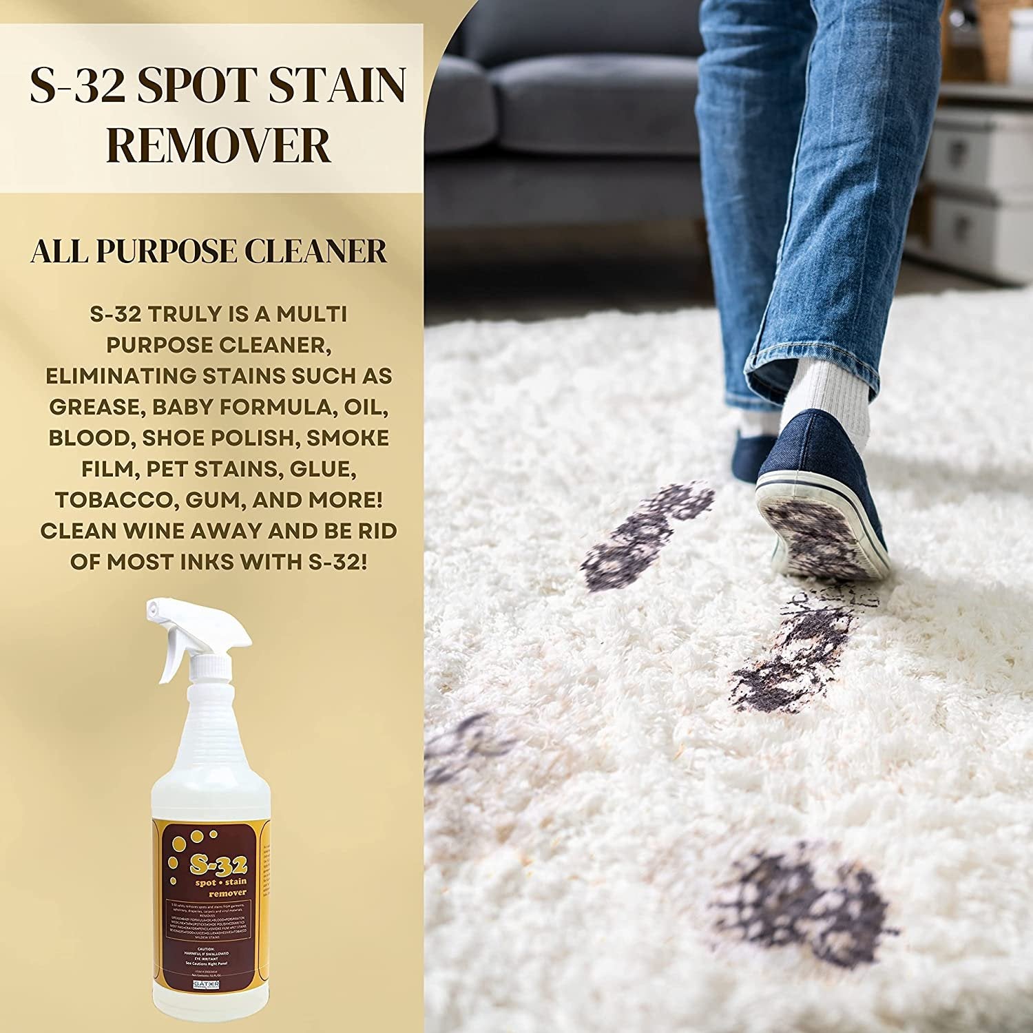Gator Chemical Company S-32 Liquid Spot and Stain Remover - Multipurpose Cleaner for Laundry, Carpet & Upholstery - Professional Strength Stain Remover - 32 Fl Oz Spray Bottle with Bonus Key Chain