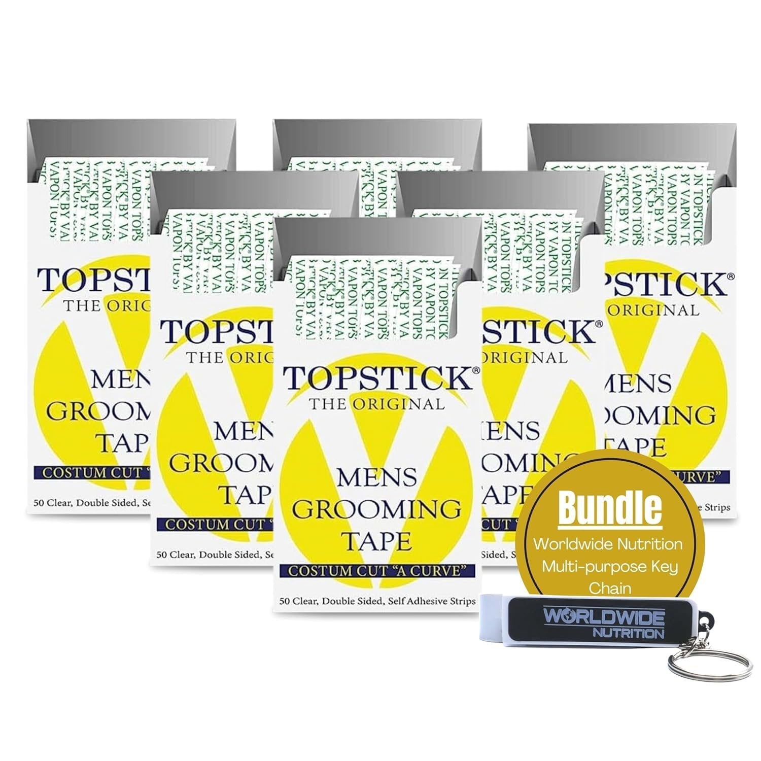 Vapon Topstick Custom Cut A Curve - Clear Grooming Tape - Double-Sided Strips Lace Tape for Wigs - 6 Pack of 50 ct with Keychain