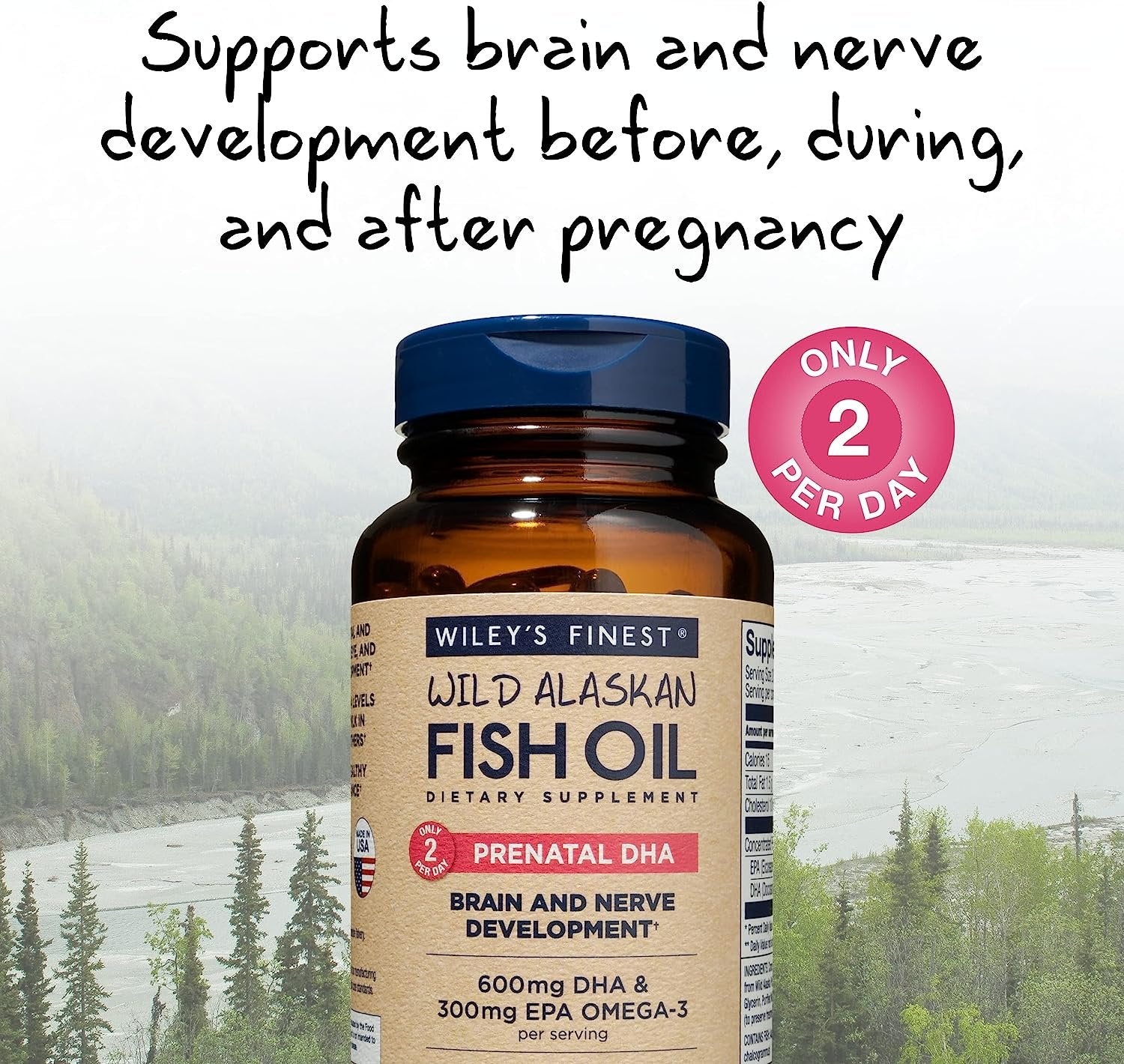 Wiley's Finest Wild Alaskan Fish Oil Prenatal DHA - 600mg DHA Omega-3s - 180 Softgels (90 Prenatal Vitamin Servings)