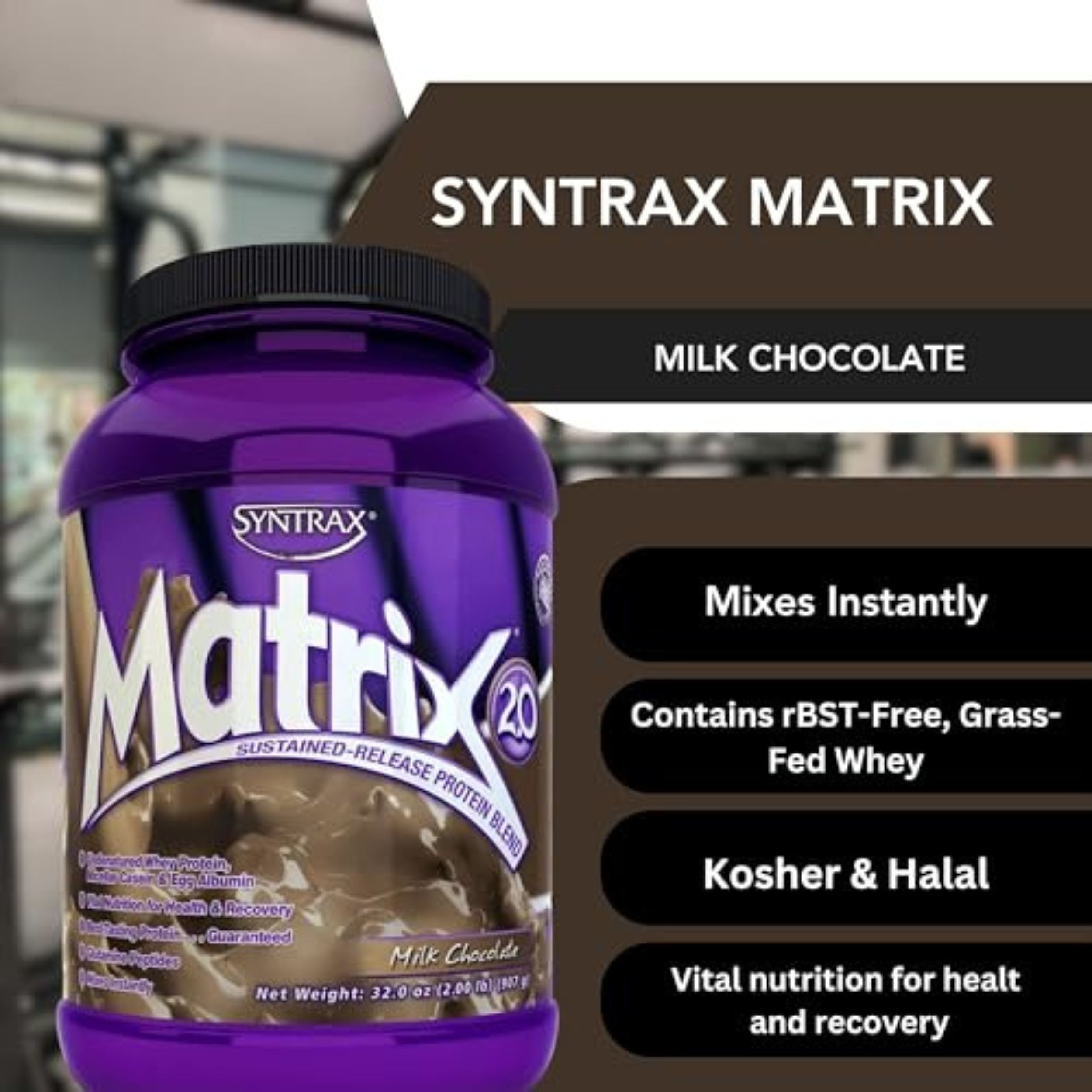 Syntrax Matrix Milk Chocolate Whey Casein Blend Protein Powder - Instant Mix High Protein Powder 2lb Kosher and Halal Whey Protein with Worldwide Nutrition Keychain