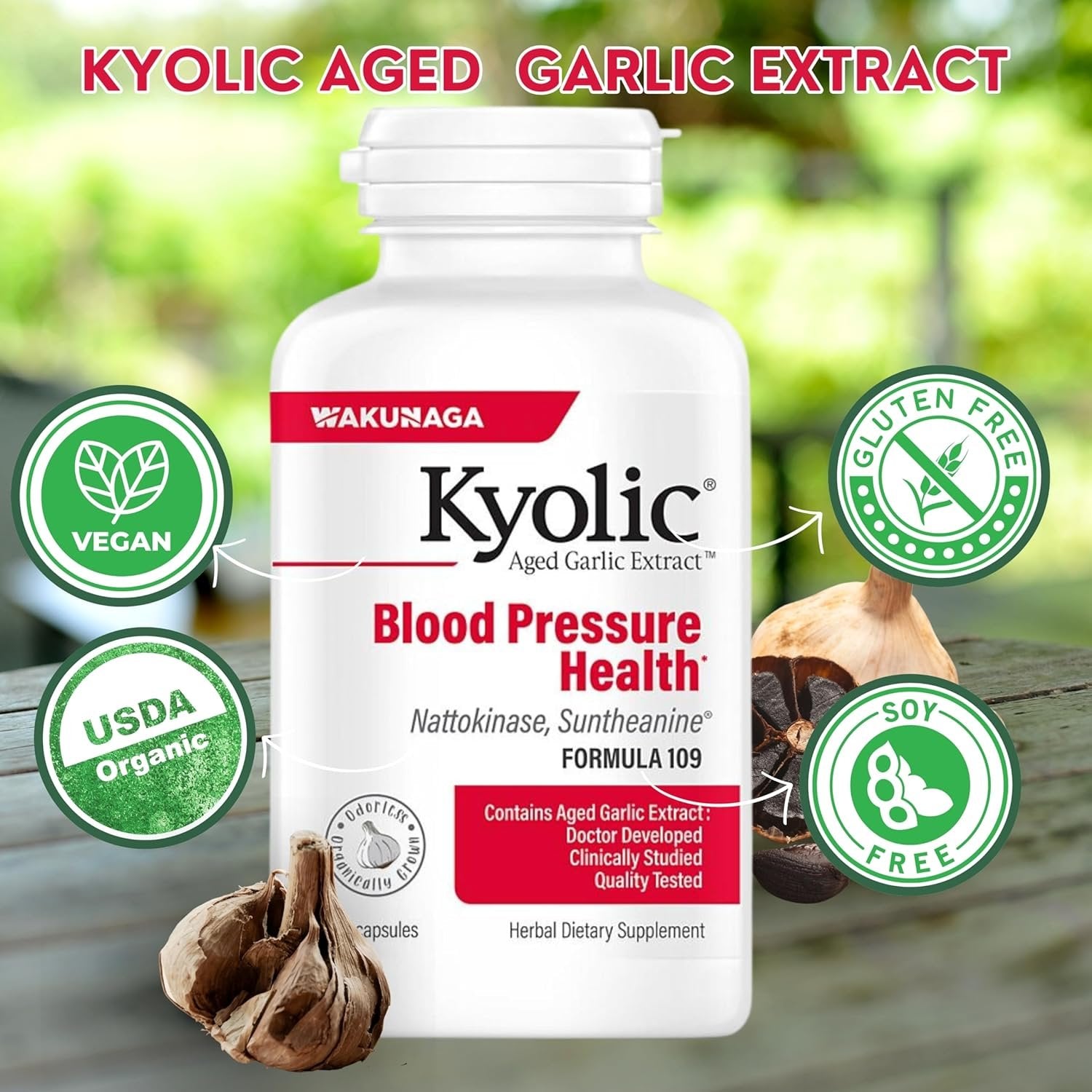 Kyolic Aged Garlic Extract Capsules Blood Pressure Health Formula 109 - Organic Garlic Supplement Odorless - 160 Capsules - with Multi-Purpose Key Chain