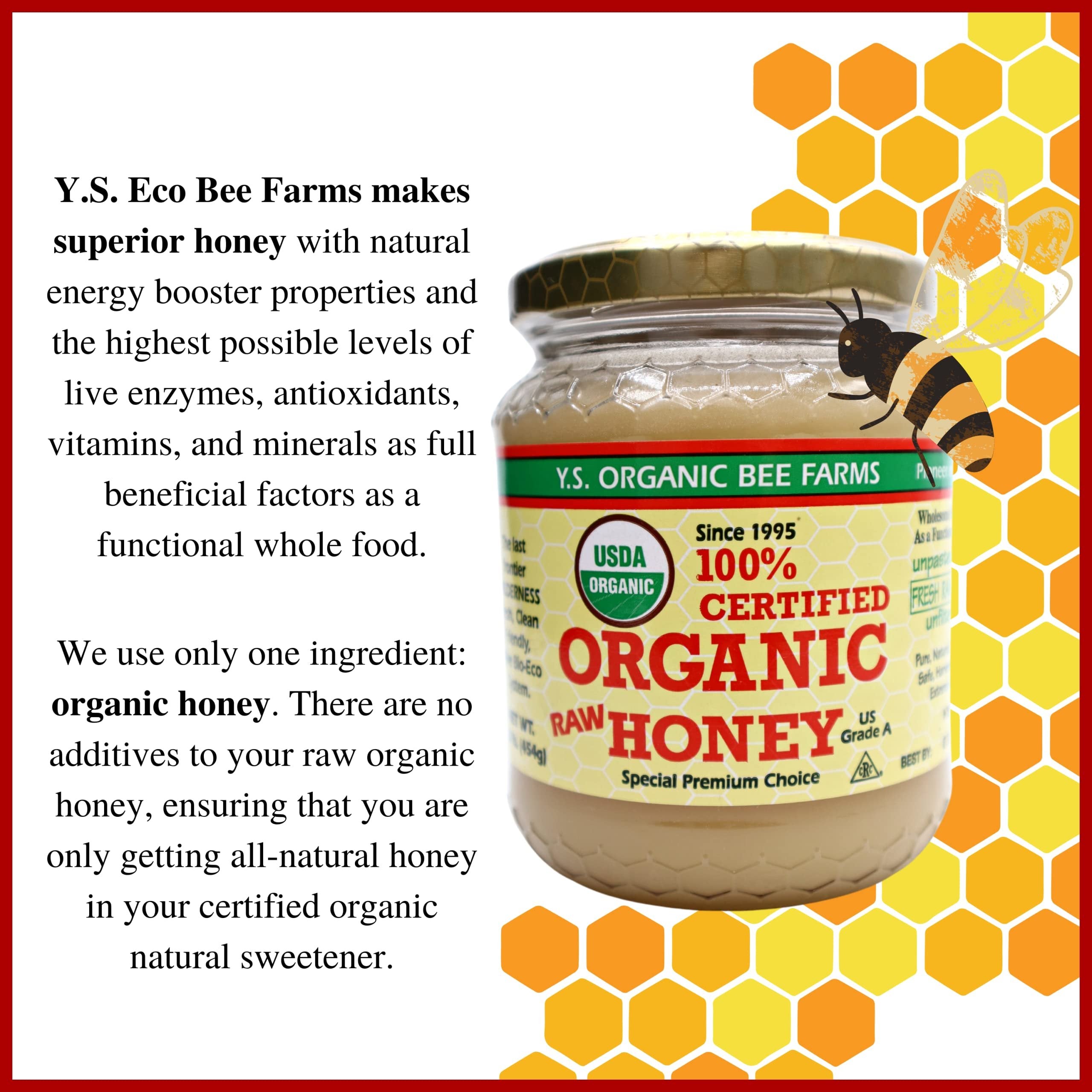 Y.S. Organic Bee Farms 100% Certified Y.S. Organic Raw Honey - Unpasteurized, Unfiltered, Pure Natural Honey - Gluten Free Organic Food and Natural Sweetener - 1 Lb Honey Jar with Bonus Key Chain