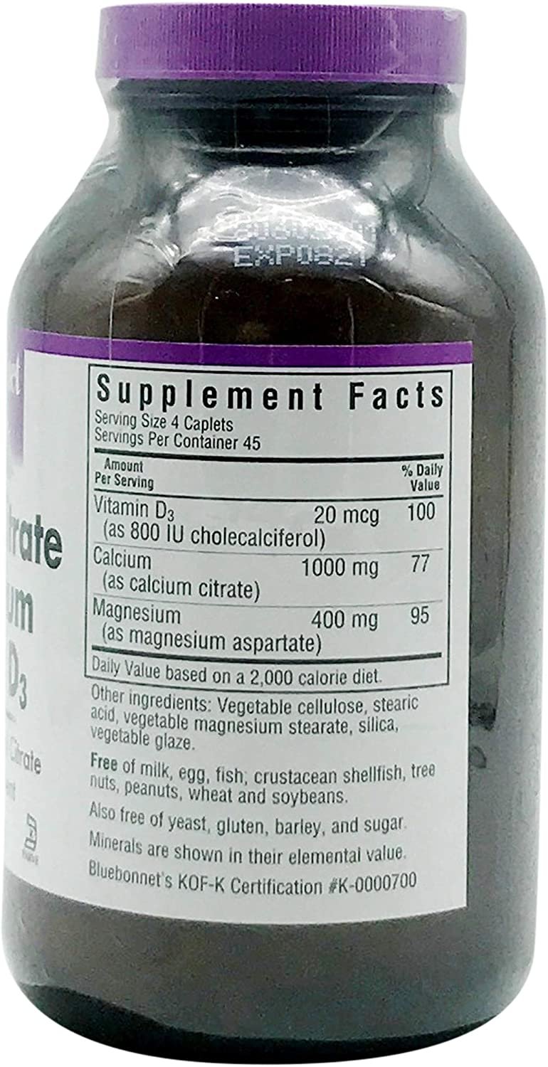 Bluebonnet Nutrition Calcium Citrate Magnesium Plus Vitamin D3 Caplets, Bone Health & Muscle Relaxation, Non GMO, Gluten Free, Soy Free, Milk Free, Kosher, 180 Caplets