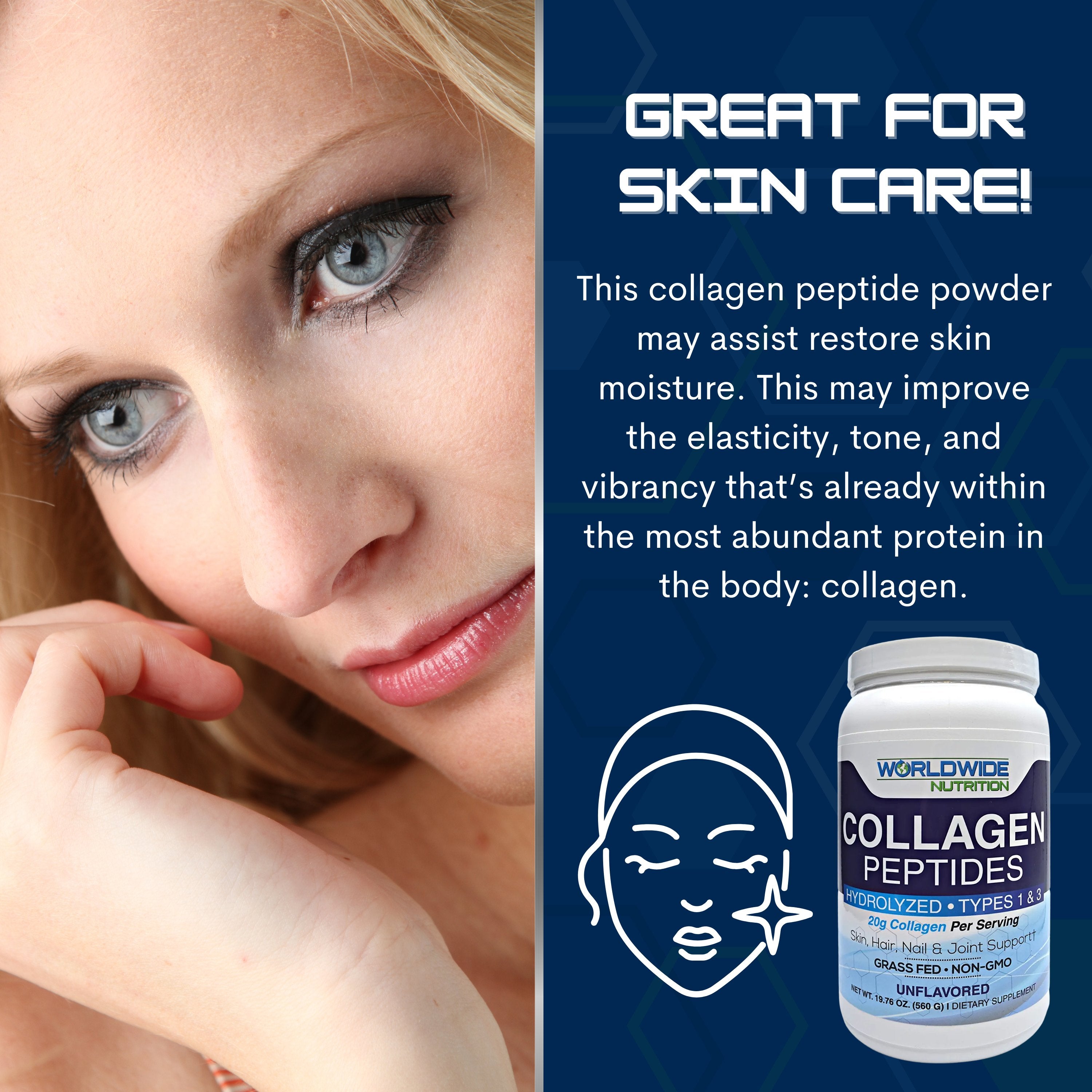 Worldwide Nutrition Collagen Peptides - Hydrolyzed Collagen 1 and 3 - Skin, Hair, Nail, and Joint Support - Grass Fed, Gluten Free, Non GMO, and Keto Collagen - Odorless Unflavored Collagen - 28 Serv.