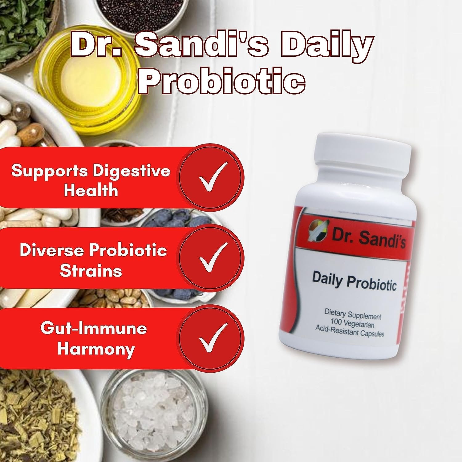 Dr. Sandi's Daily Probiotic - Probiotics For Digestive Health, Womens Probiotic & Probiotics For Men - Lactobacillus Gasseri, Rhamnosus, Acidophilus Probiotic - 100 Count Probiotic Supplement Tablets