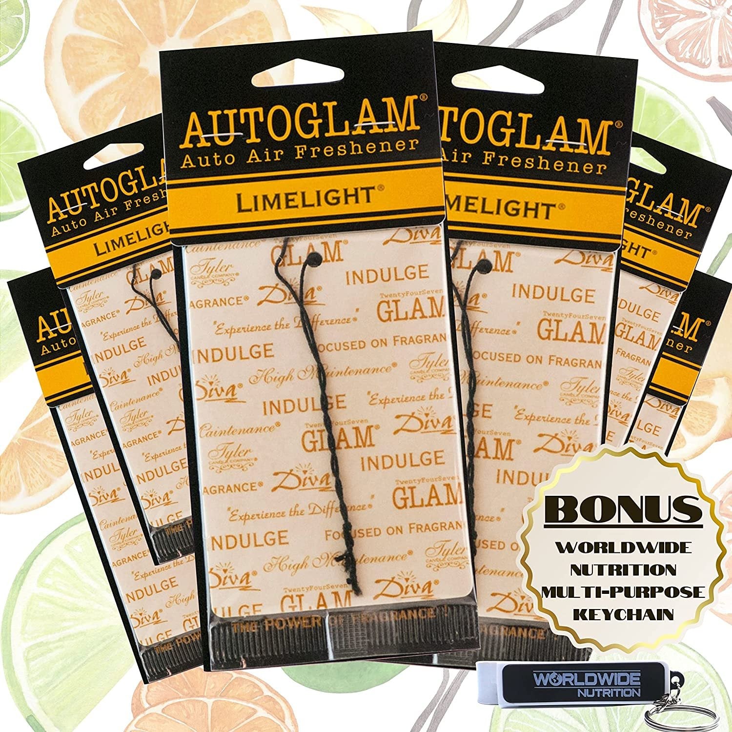 Tyler Candle Company AutoGlam Car Air Fresheners - Limelight Scent Car Fresheners | Car Odor Eliminator Air Refresher | Car Accessories - Pack of 6 w Worldwide Nutrition Multi Purpose Key Chain