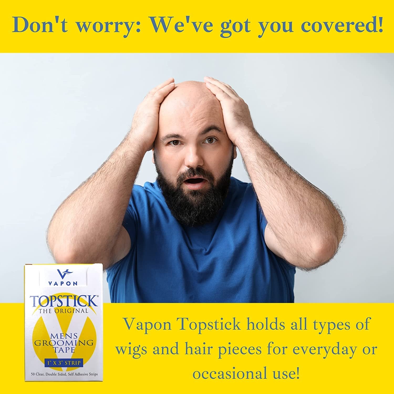 Vapon Topstick - The Original Men's Grooming Tape - 150 Count 3 Boxes - 1" x 3" Double Sided, Self Adhesive, Clear Tape for Toupee and Wig Adhesion - Hypo Allergenic, Waterproof, and Latex Free