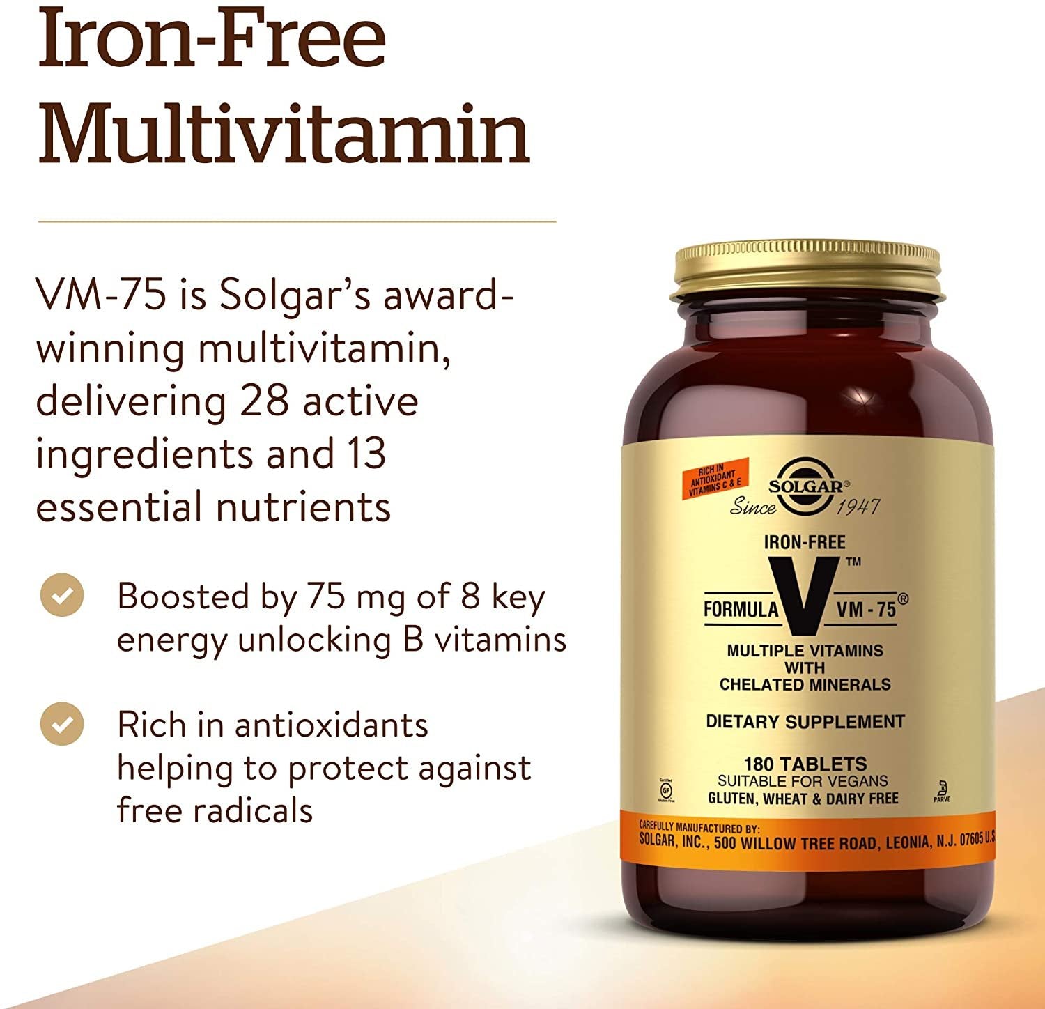 Solgar – Iron-Free Formula VM-75, 180 Tablets