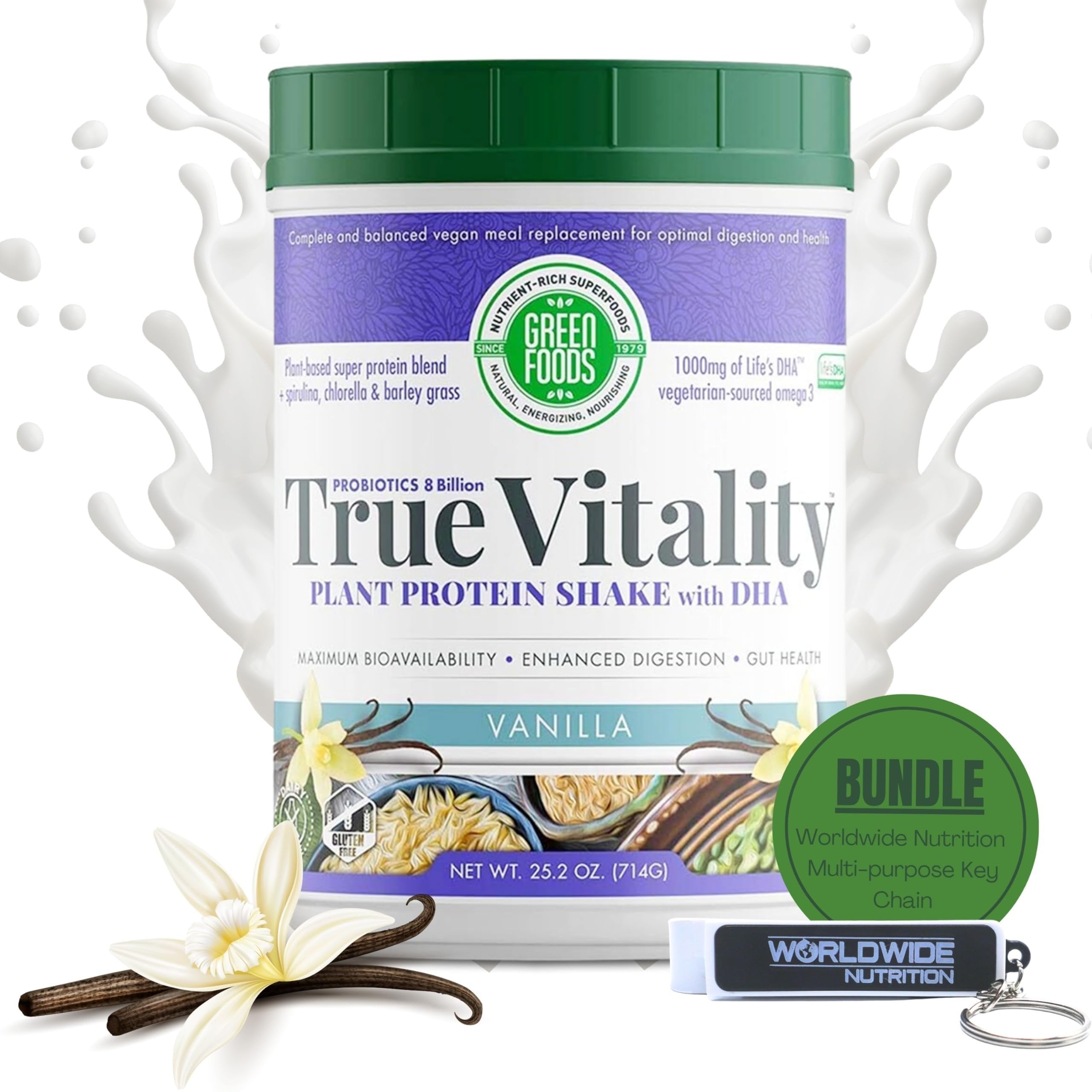 Green Foods True Vitality Plant Protein Shake with DHA, 25.2 oz - Vanilla Powder - Pack of 1 with Keychain