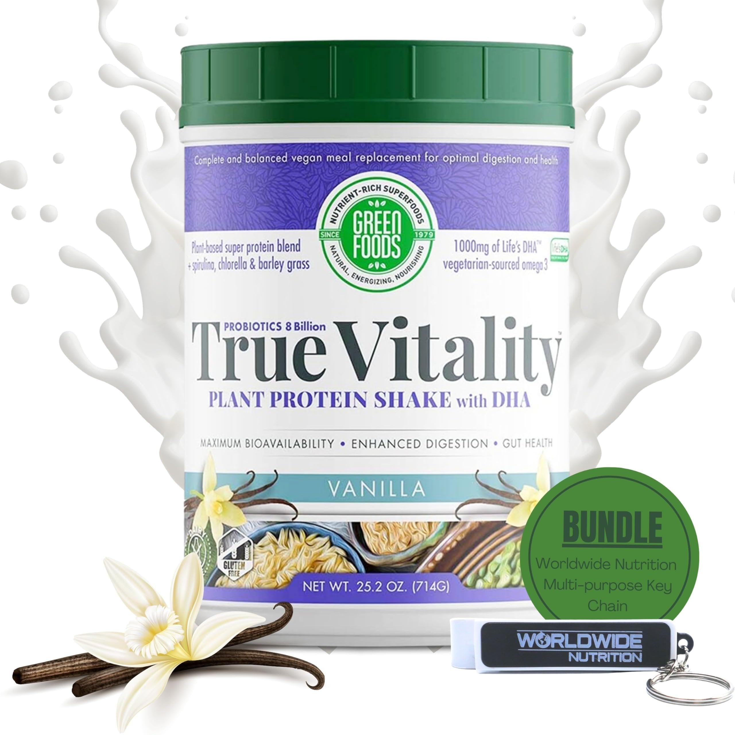 Worldwide Nutrition Bundle, 2 Items: Green Foods True Vitality Plant Protein Shake with DHA Vanilla - 25.2 oz Protein Powder Gluten Free Breakfast Shake Powder and Multi-Purpose Key Chain