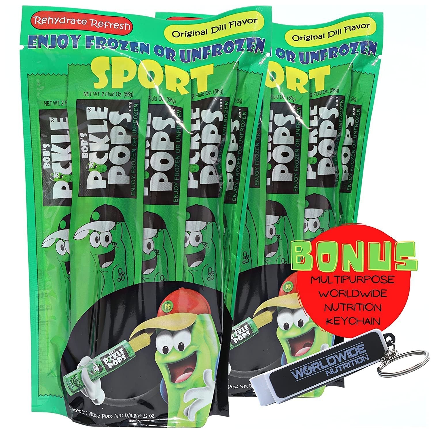 Bobs Pickle Pops Mucho Macho Original Dill - Electrolytes Freezer Pops Pre Workout Hydration - Athlete Recovery Pickle Juice for Leg Cramps with Multi Purpose Key Chain