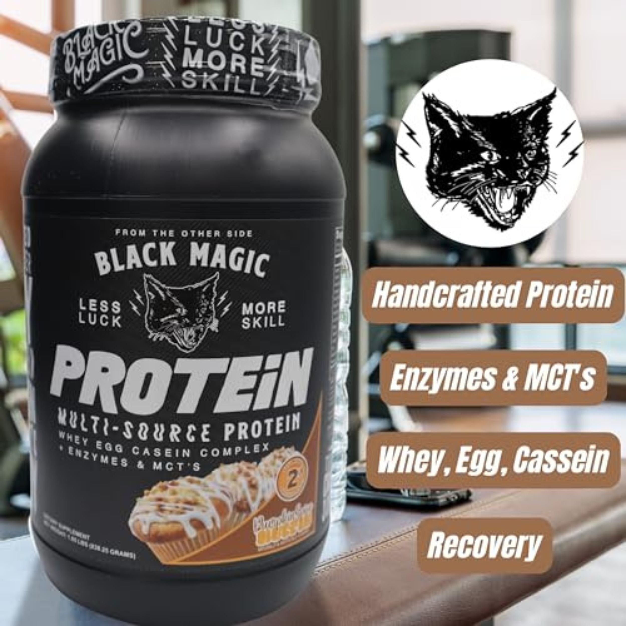 Black Magic Multi Source Protein Powder Whey, Egg Albumin Enzymes, Micellar Casein & MCTs - 2 Pounds Pumpkin Spice Muffin Flavor and Multi-Purpose Keychain
