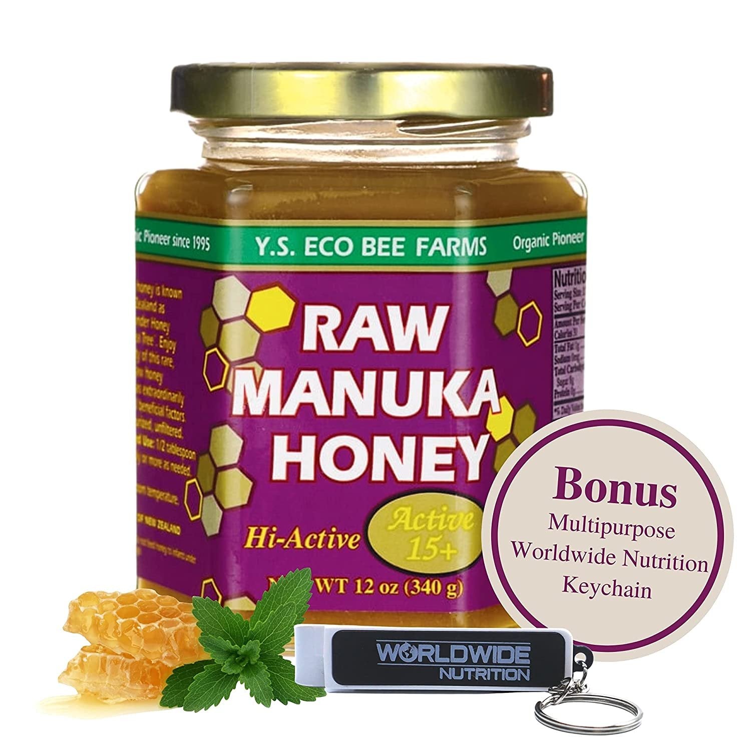 Y.S. Eco Bee Farms, 100% Certified Raw Manuka Honey, Hi-Active 15plus, Unpasteurized, Unfiltered, Exotic, Raw, Kosher, Gluten Free, Wonder Honey Of The Tea Tree", 12 Oz, 1 Jar with Bonus Key Chain