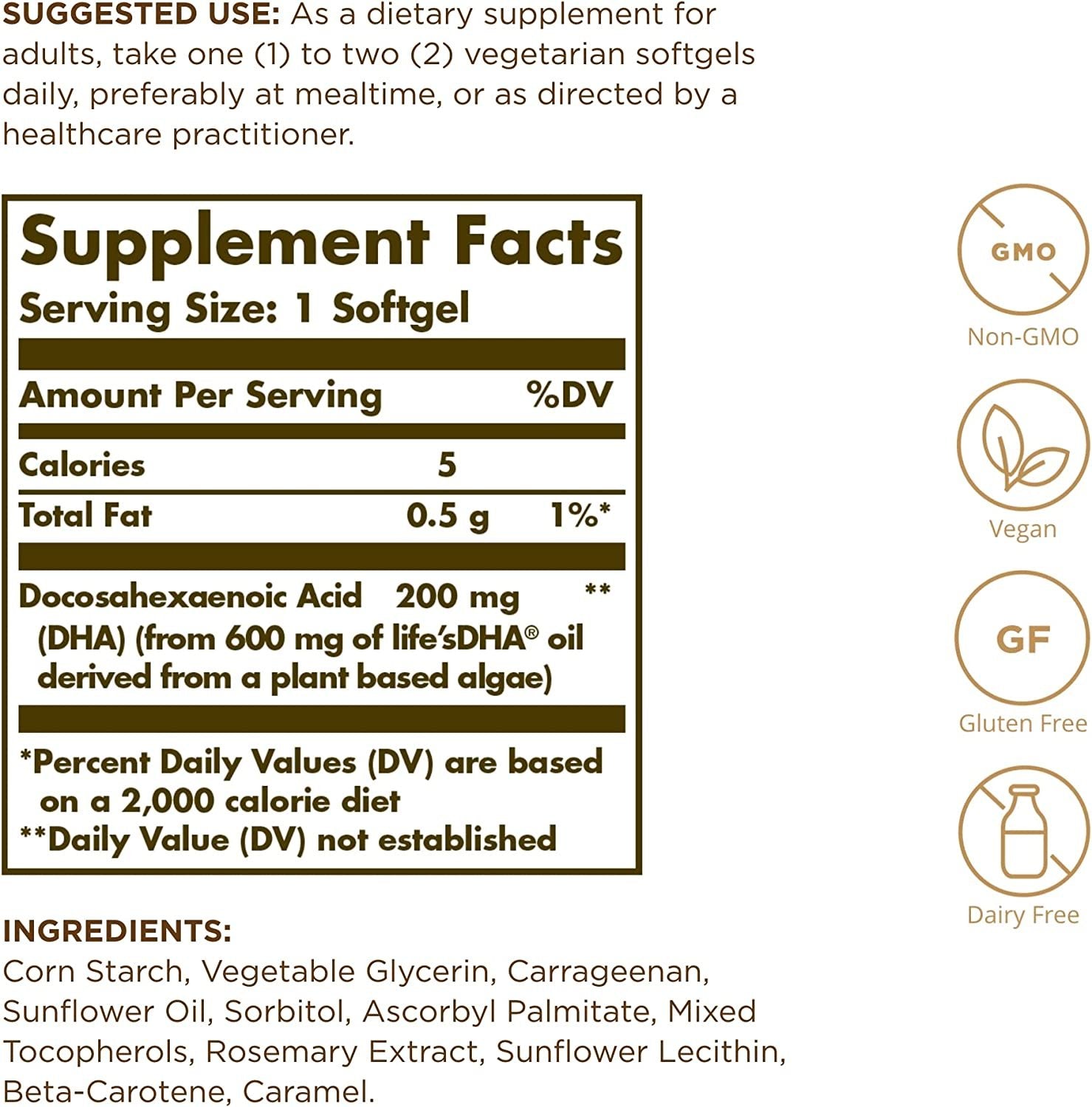 Solgar Omega-3 Vegetarian DHA 200 mg Vegetarian, 50 Softgels - Support for Cardiovascular, Joint & Skin Health - Contains DHA-Rich Algal Oil - Vegan, Gluten Free, Dairy Free - 50 Servings