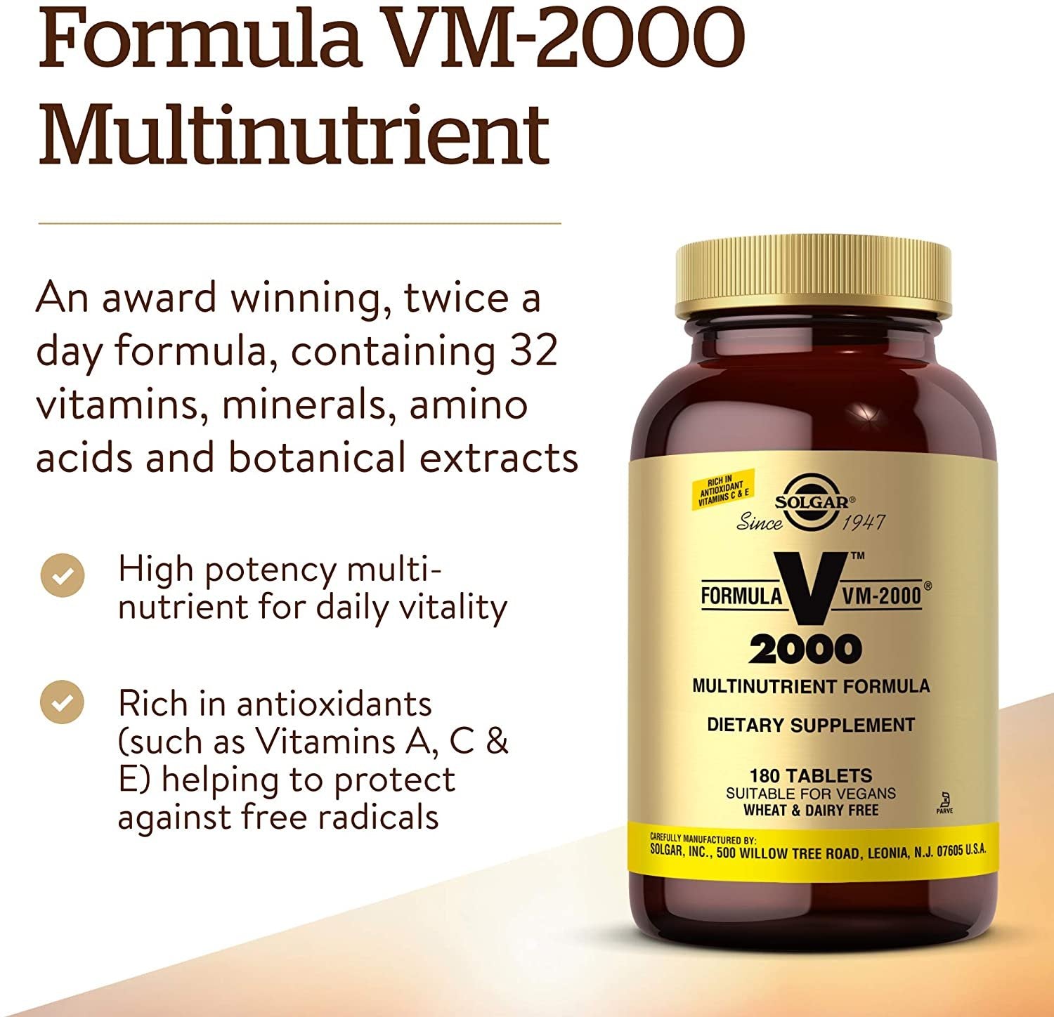 Solgar Formula VM-2000 (Multinutrient System), 180 Tablets - Premium Quality Multiple - Contains Zinc - Supports A Healthy Immune System - Vegan, Dairy Free, Kosher - 90 Servings