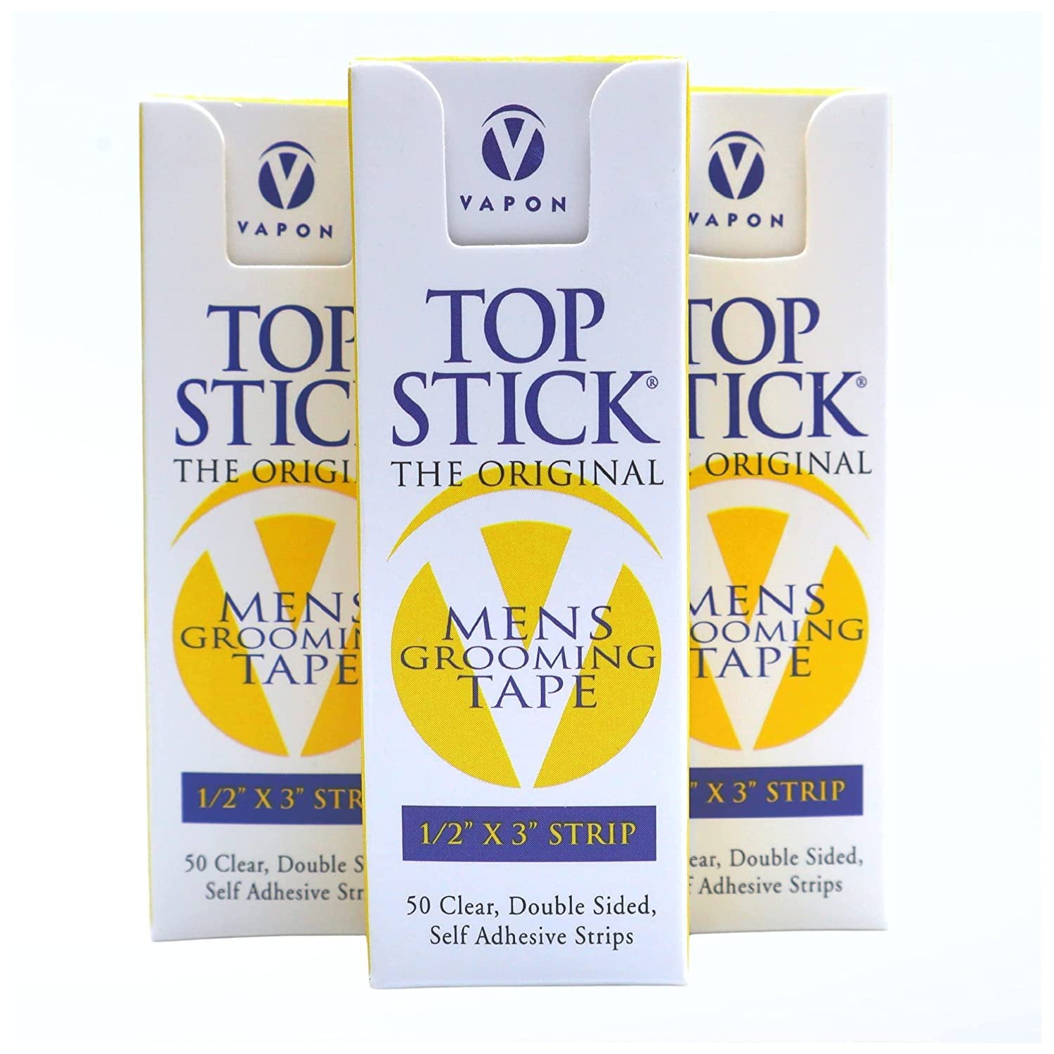 Vapon Topstick - The Original Men's Grooming Tape - 150 Count 3 Boxes 1/2" x 3" Double Sided, Self Adhesive, Clear Tape for Toupee and Wig Adhesion - Hypo Allergenic, Waterproof, and Latex Free