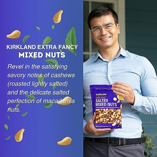 Kirkland Signature Extra Fancy Salted Mixed Nuts, 40 oz - Cashews, Almonds, Pecans, Brazil Nuts and Macadamia Nuts -  Pack of 1 with Multi-Purpose Keychain